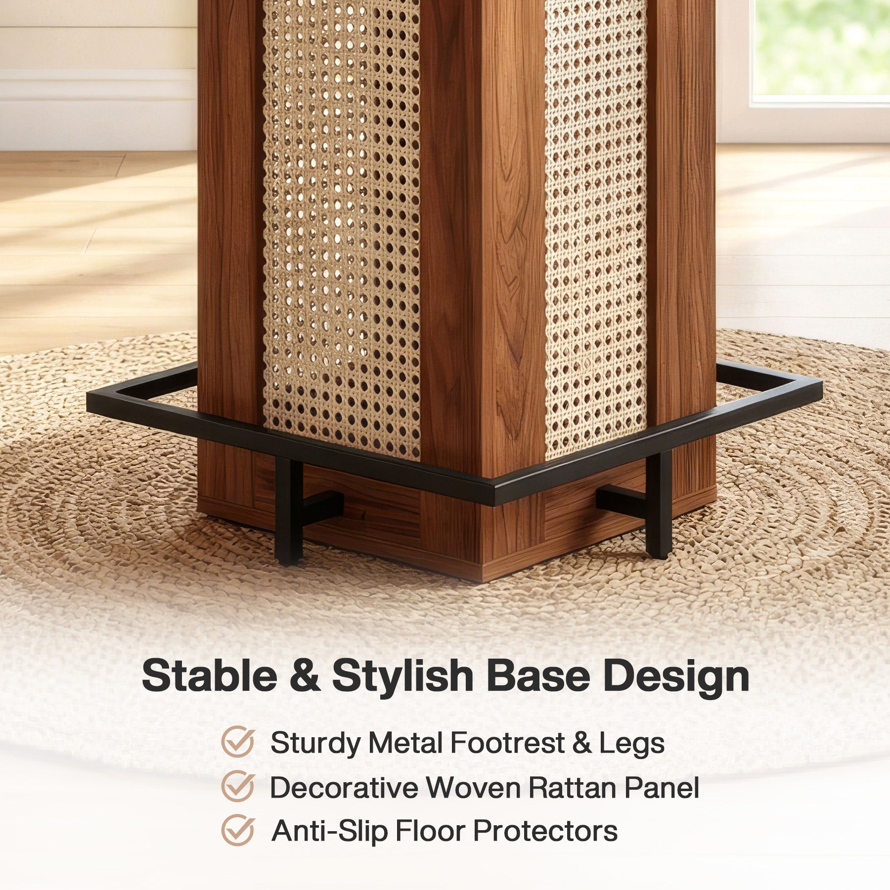 Tribesigns Quadratischer Bartisch im Landhausstil, kompakter Stehtisch mit Rattan-Optik & Metall-Fußstütze