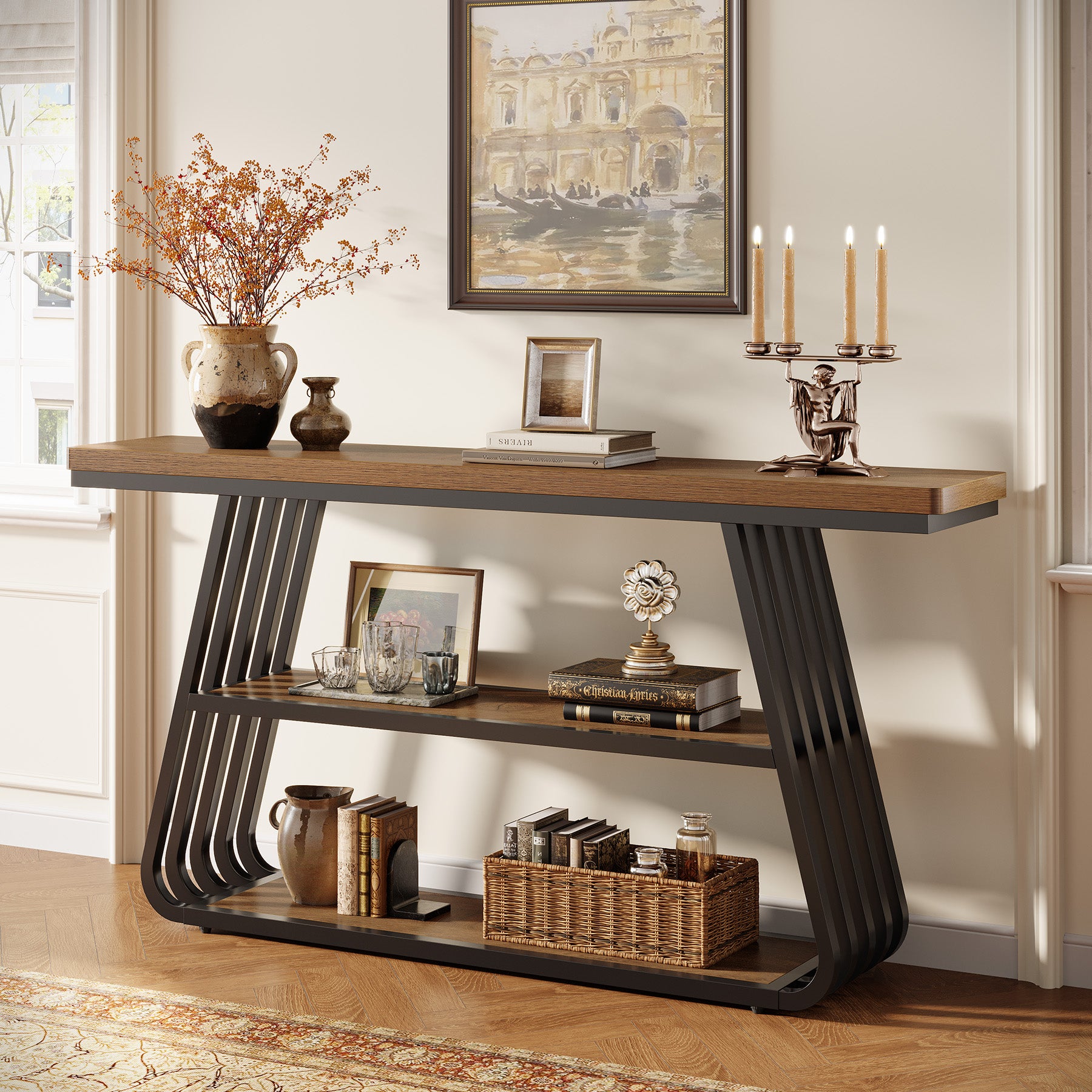 Konsolentisch 140 cm mit Ablagen, 3-stufiger Sofatisch aus Holz mit Metallrahmen
