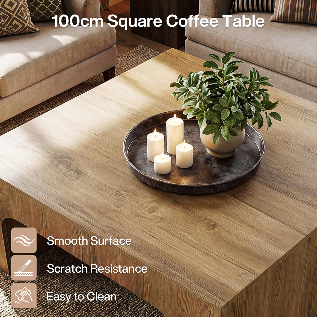Tribesigns Quadratischer Couchtisch 100 cm im Landhausstil mit geschwungenem Design