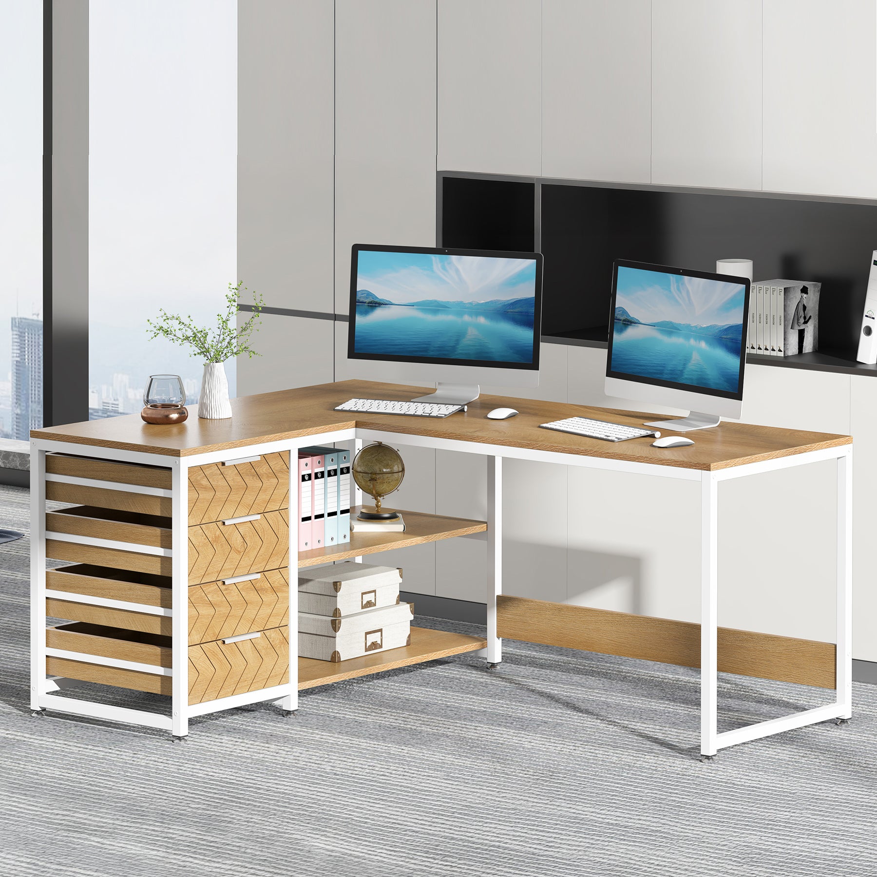 150 cm L-förmiger Schreibtisch, umkehrbarer Eckschreibtisch mit Schubladen und Regalen