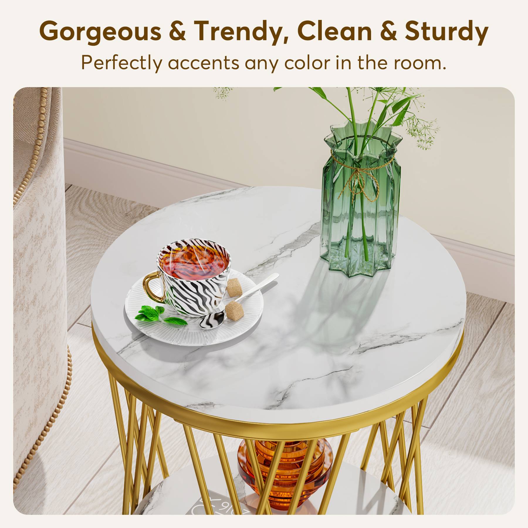 End Table, 2-Tier Round Bedside Table with Faux Marble Shelves Tribesigns