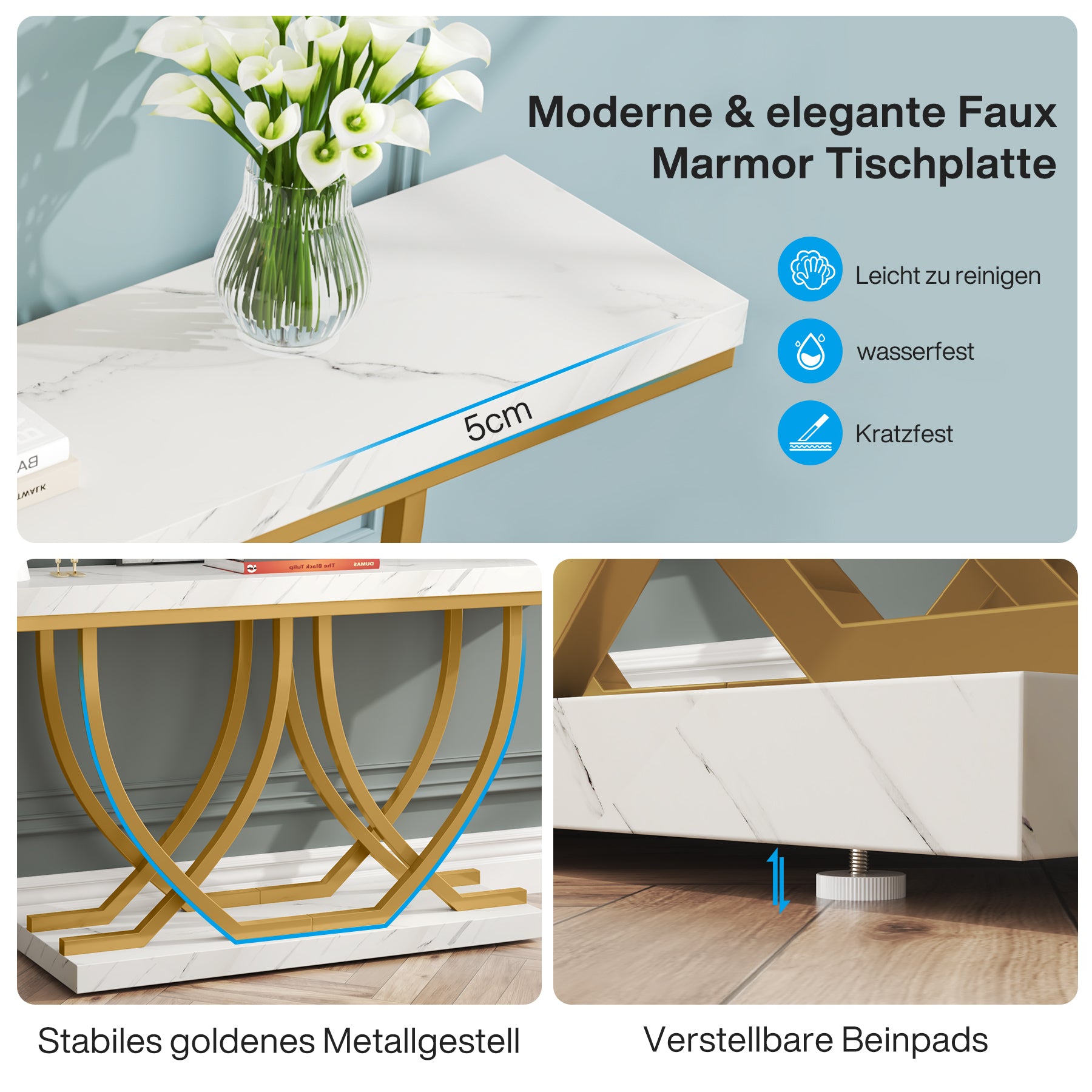 Moderner weiß-goldener Konsolentisch mit goldenen Metallbeinen, Kunstmarmor, schmal