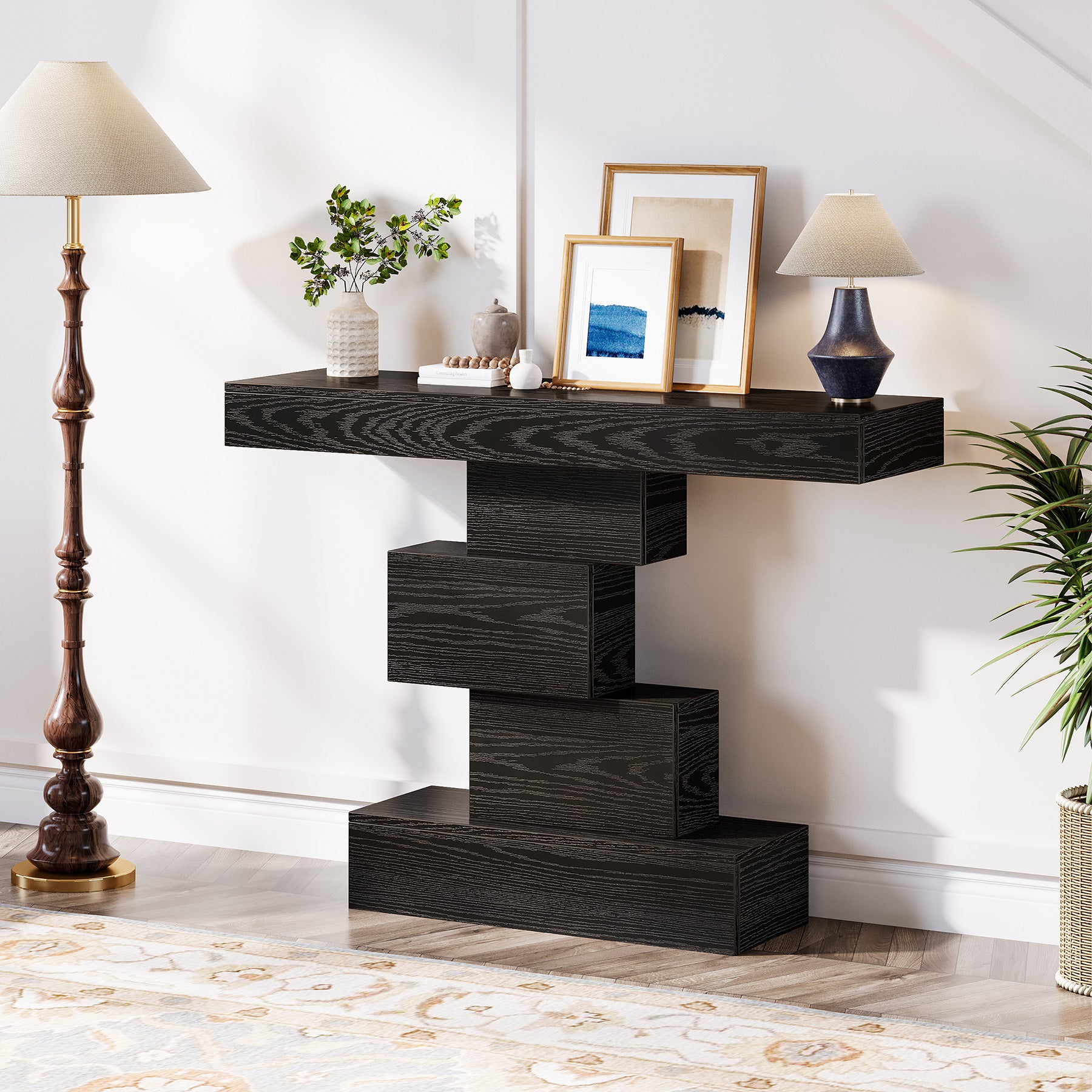 108cm Konsolentisch, Holzsofatisch, Akzenttisch mit geometrischem Sockel