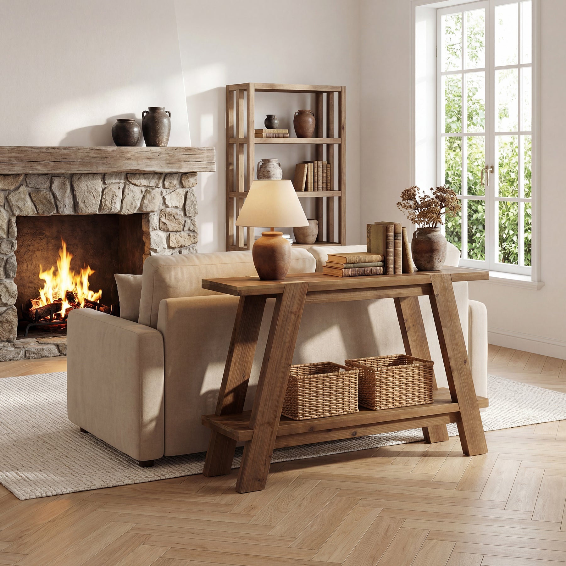 Tribesigns Schmale Massivholz Konsolentisch 110 cm im Landhausstil, Sofatisch mit 2 Ablagen für Flur und Wohnzimmer