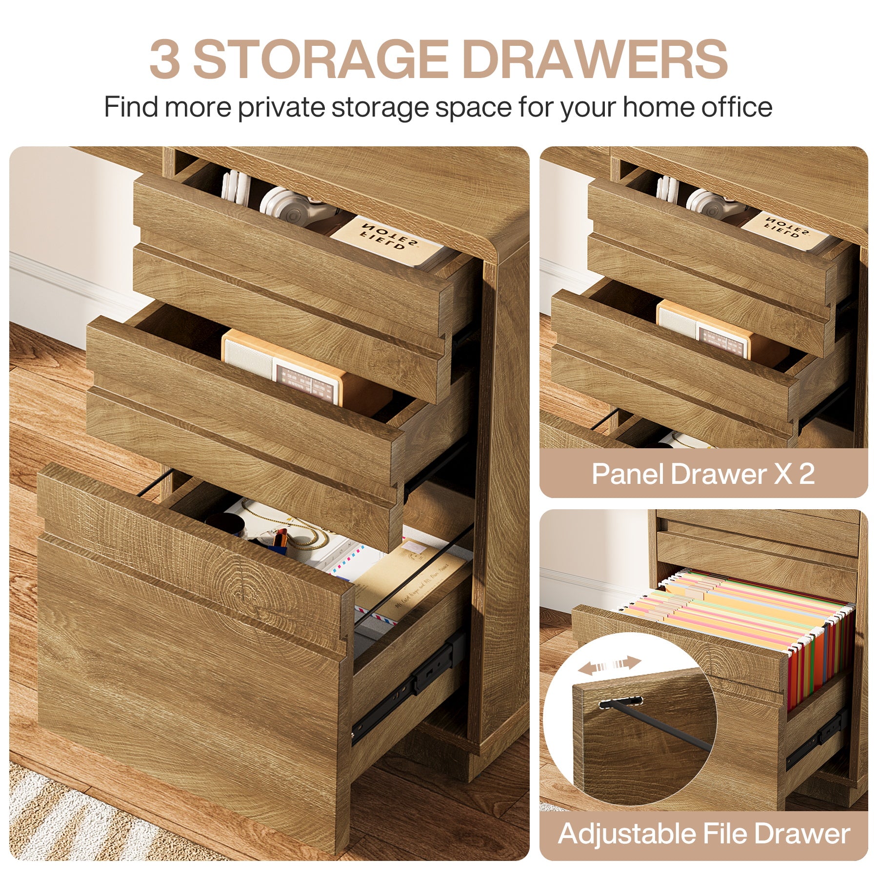 Tribesigns Schreibtisch 140 cm mit 3 Schubladen, Home-Office Schreibtisch mit verstellbarem Hängeregister-Schubladenschrank