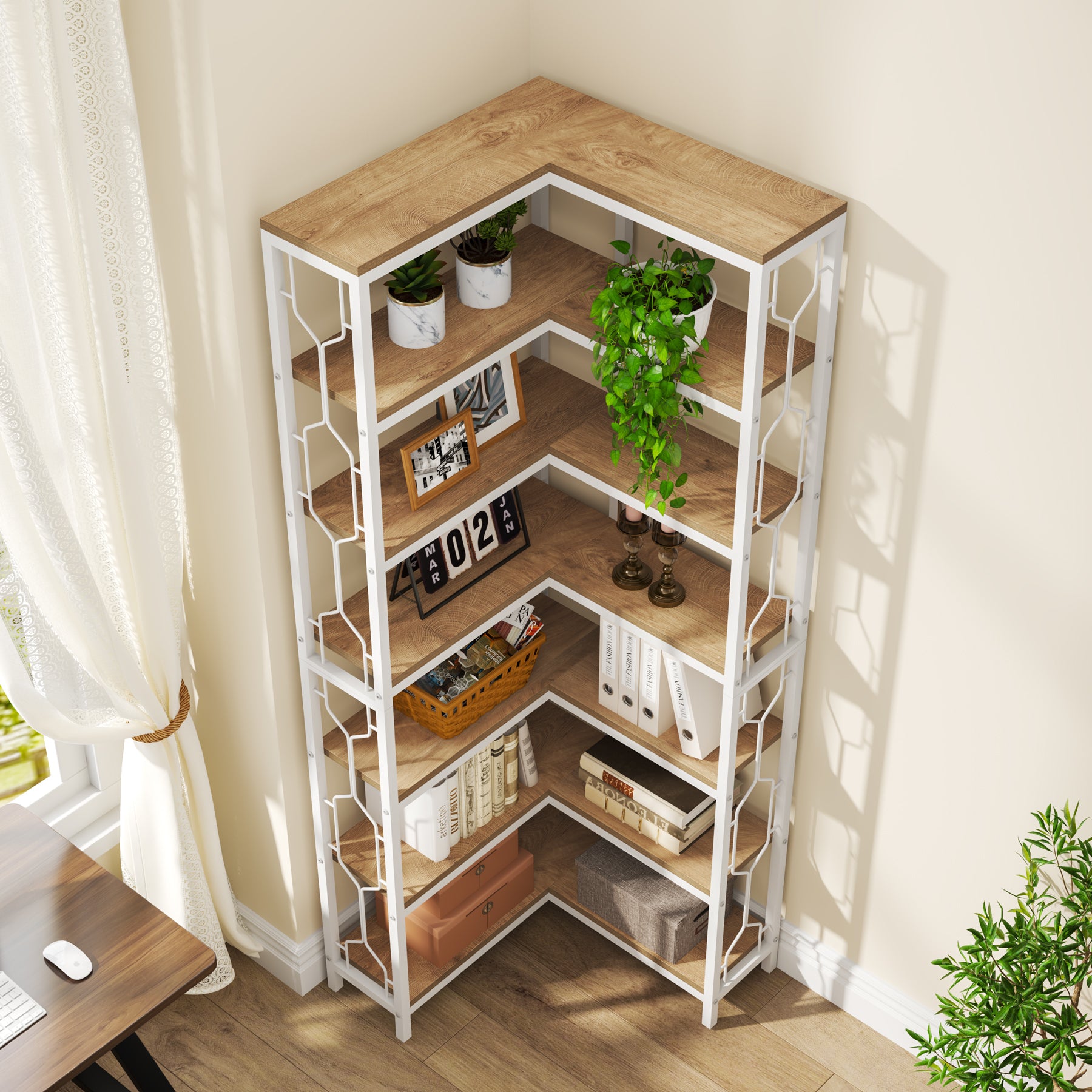 Freistehendes Bücherregal von Tribesigns, Eckregal aus Holz mit 7 Ebenen