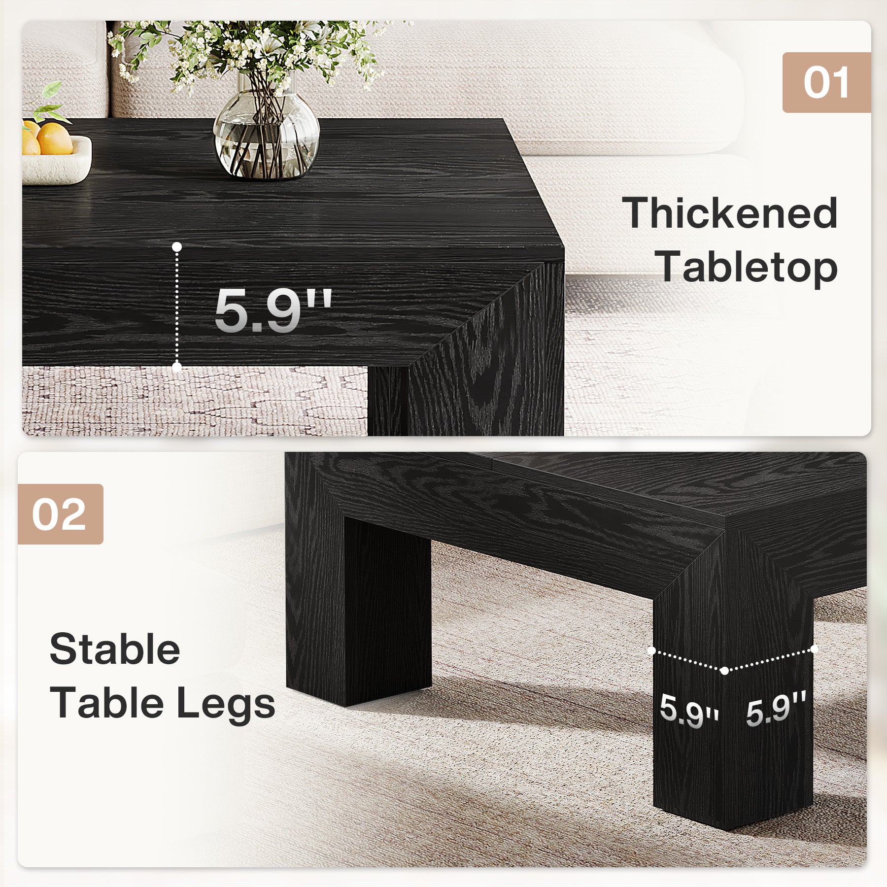 100 cm Quadratischer Couchtisch, Wohnzimmertisch aus Holz mit robusten Beinen für Sofa & Schlafzimmer