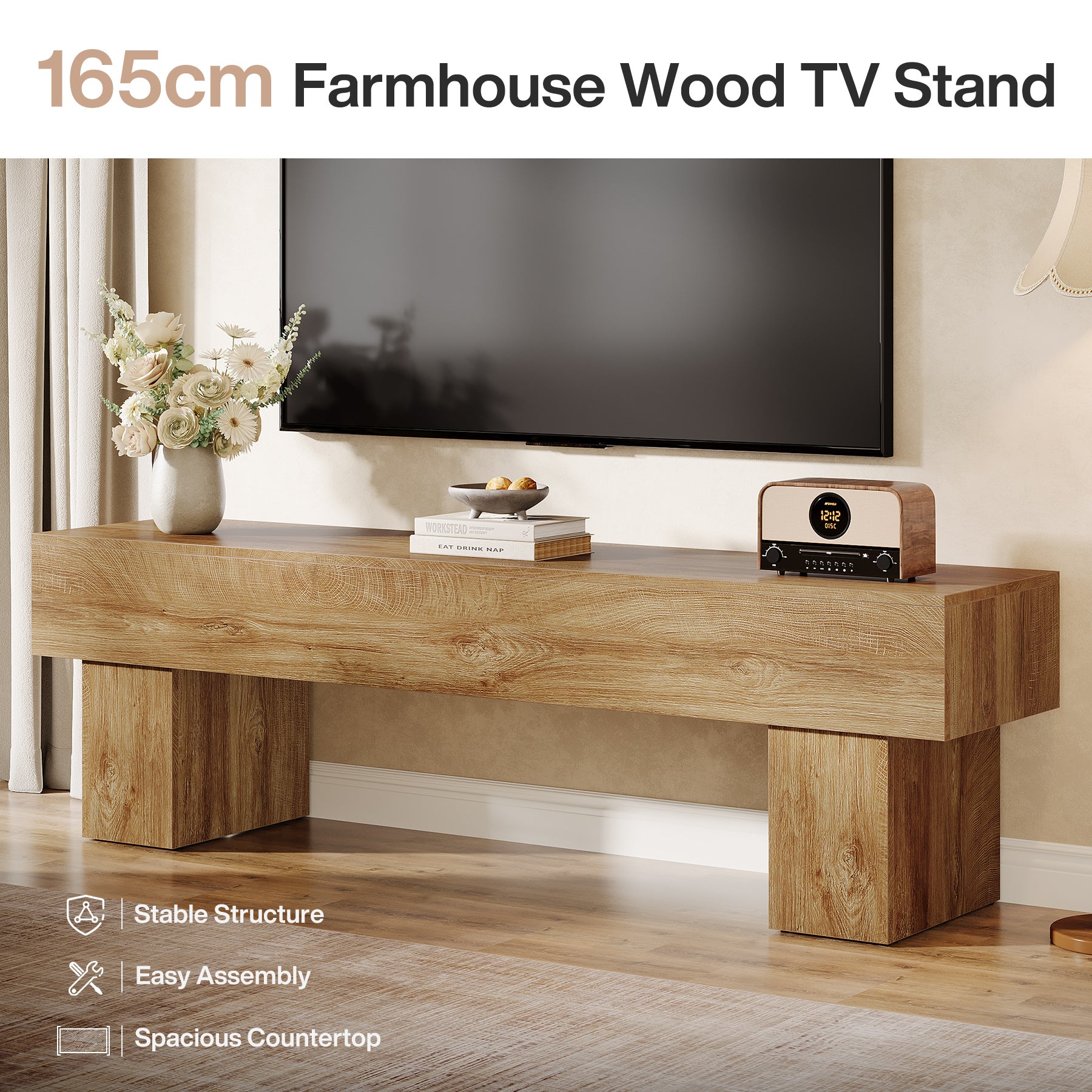 TV-Schrank 160 cm, niedriger Fernsehschrank für Wohnzimmer, passend für 140–165 cm TVs
