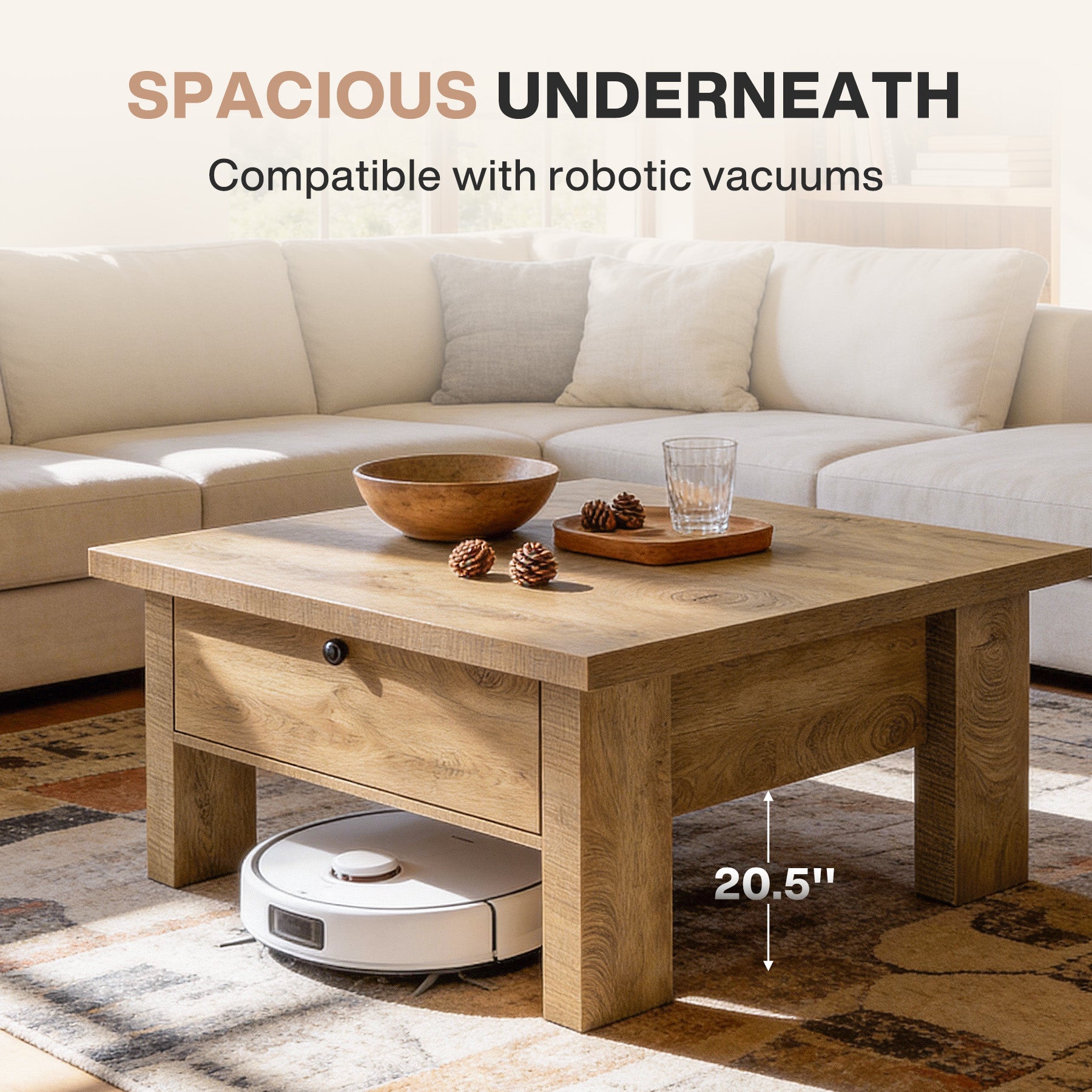 Tribesigns Quadratischer Couchtisch 80 cm mit Schublade, Landhaus Wohnzimmertisch mit verstecktem Stauraum