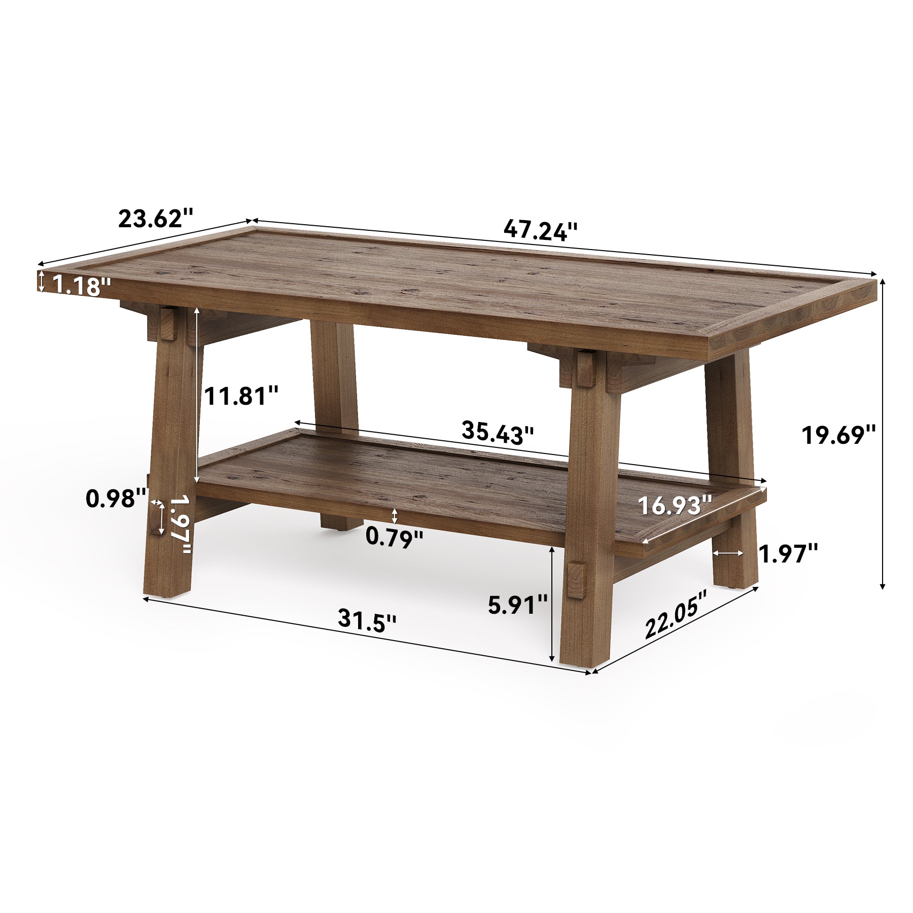 Tribesigns Couchtisch aus Massivholz 120 cm, Rechteckiger Wohnzimmertisch im Landhausstil mit 2 Ablagen