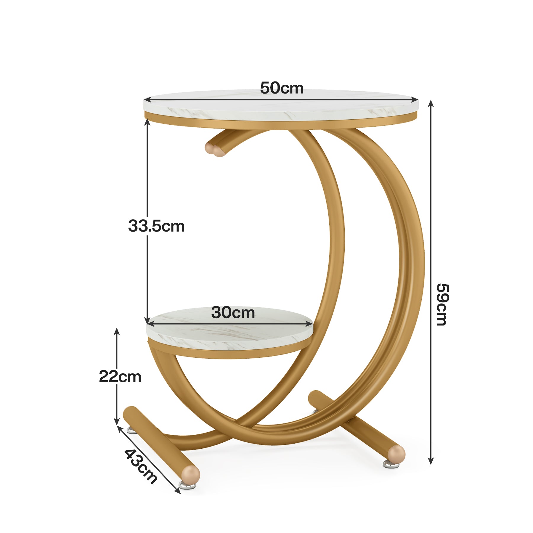 Moderner 2-stöckiger Beistelltisch mit Kunstmarmorplatte, C-Fuß für Wohnzimmer
