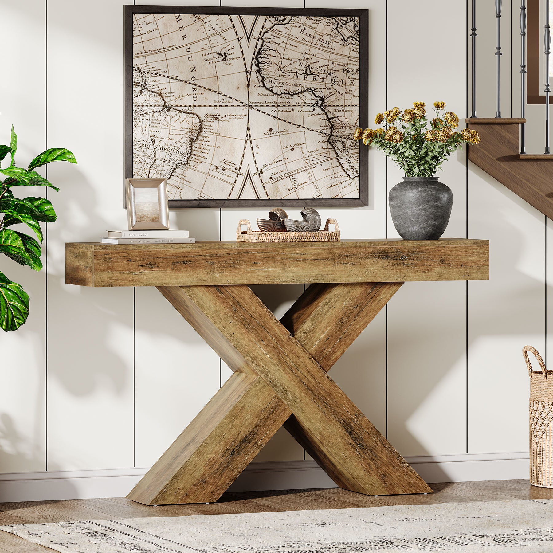 Tribesigns Konsolentisch 140 cm Schmal, Industrial Flurtisch mit X-förmigen Beinen