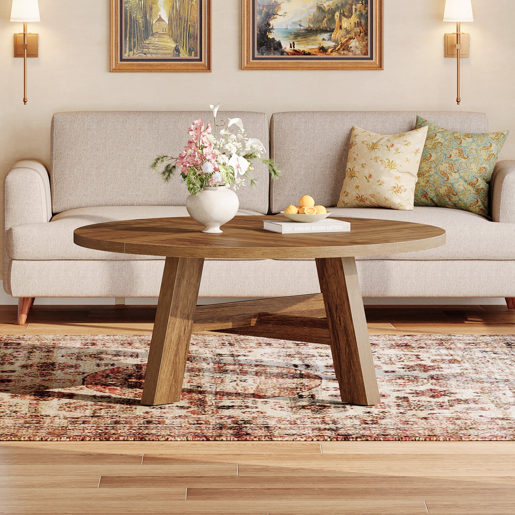 Runder Couchtisch 80 cm im Mid-Century-Stil, Wohnzimmertisch aus Holz mit verstärkter Kreuzstrebe