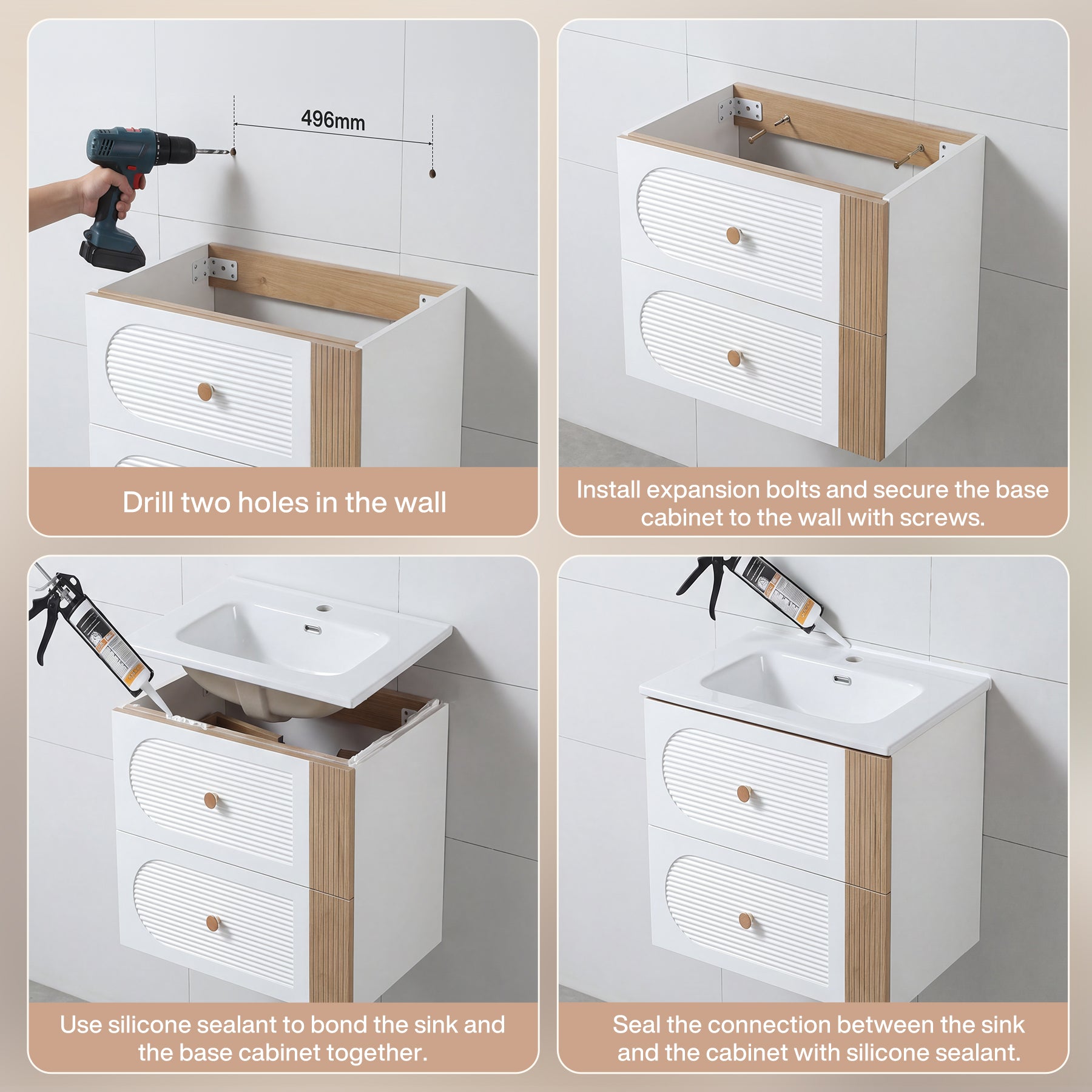 Tribesigns Waschtisch mit Keramikbecken 60 cm, Wandhängender Waschtischunterschrank mit 2 Soft-Close-Schubladen