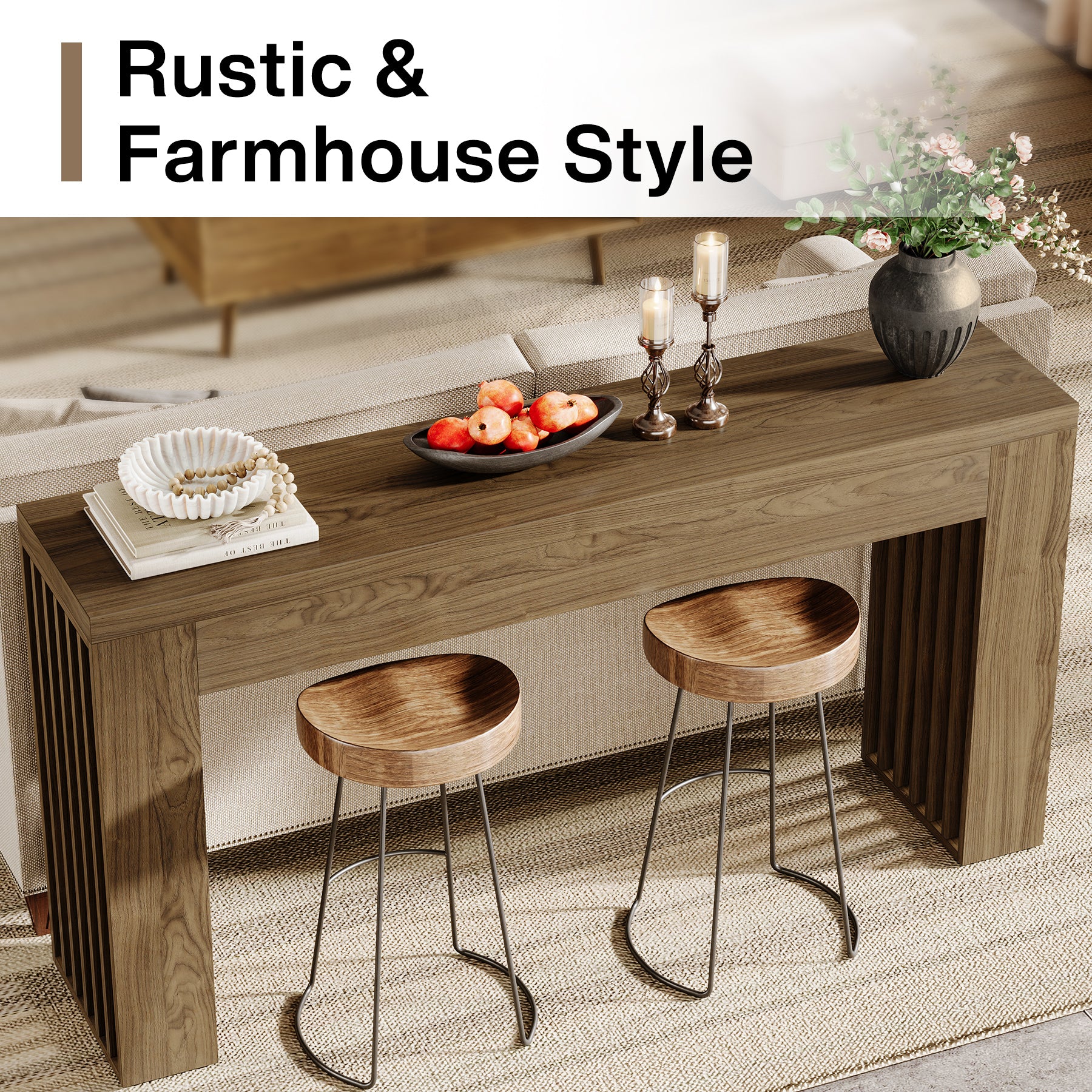 150 cm Farmhouse Konsoletisch mit Lamellenbeinen - Rustikaler Sofatisch in Braun