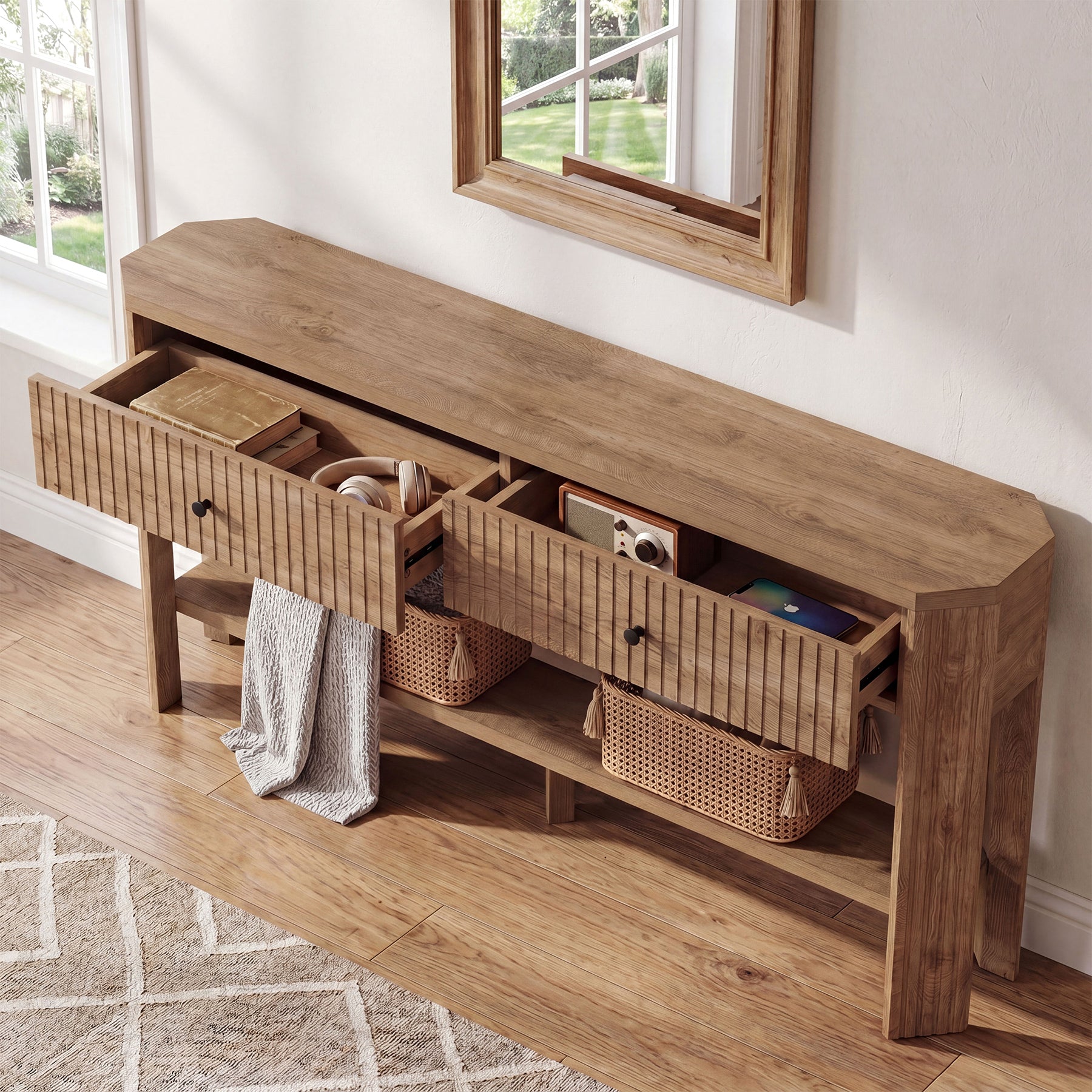 Tribesigns Konsolentisch 150 cm mit 2 Schubladen, Moderner Schmaler Flurtisch mit Ablage & Stauraum