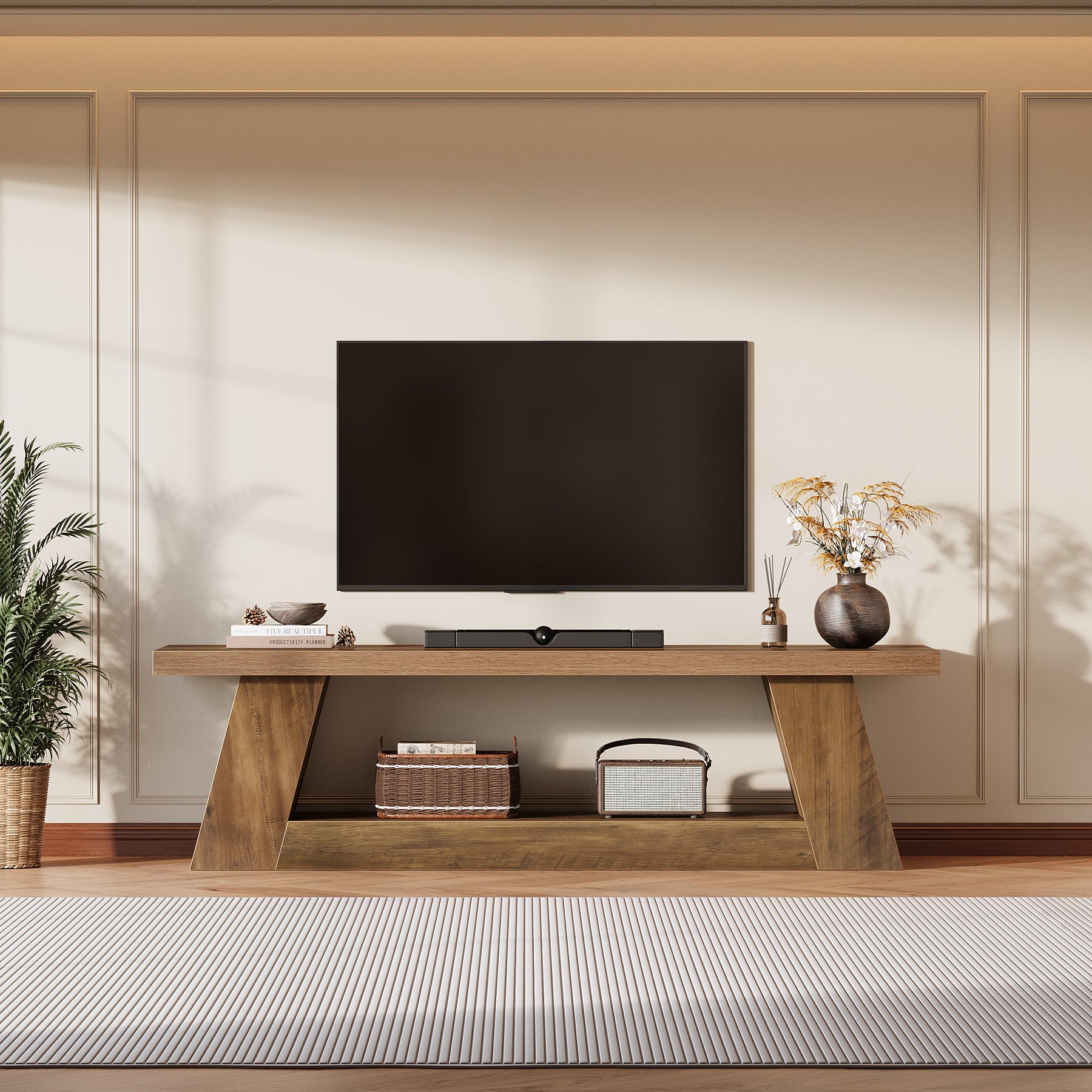 Tribesigns TV Lowboard 160 cm für 75 Zoll Fernseher, Rustikales Media Konsole mit offenen Ablagen