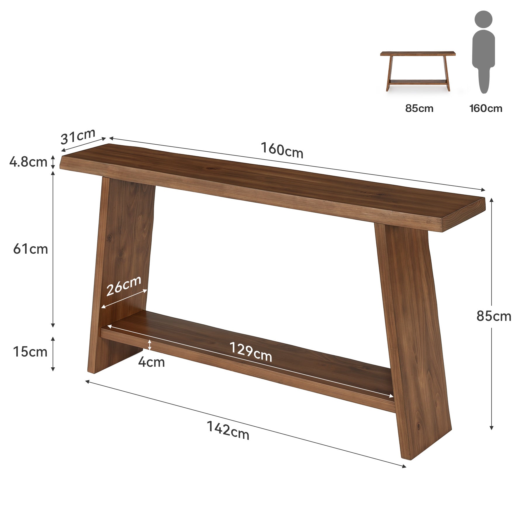 Tribesigns Massivholz Konsolentisch, 160 cm schmaler Flurtisch im Landhausstil mit 2 Ablagen