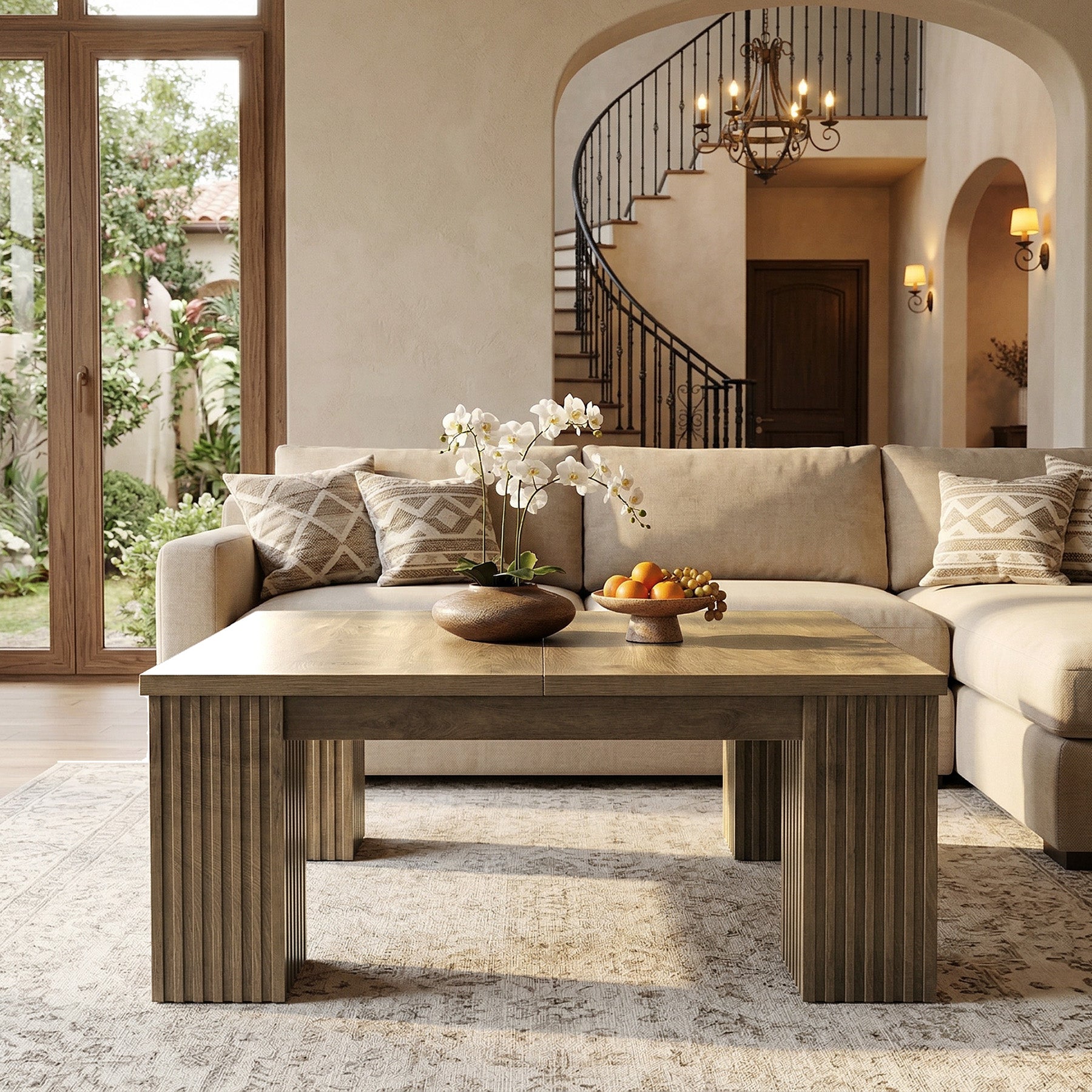 Tribesigns Quadratischer Couchtisch 100 cm, Wohnzimmertisch im Landhausstil mit geriffelten Beinen