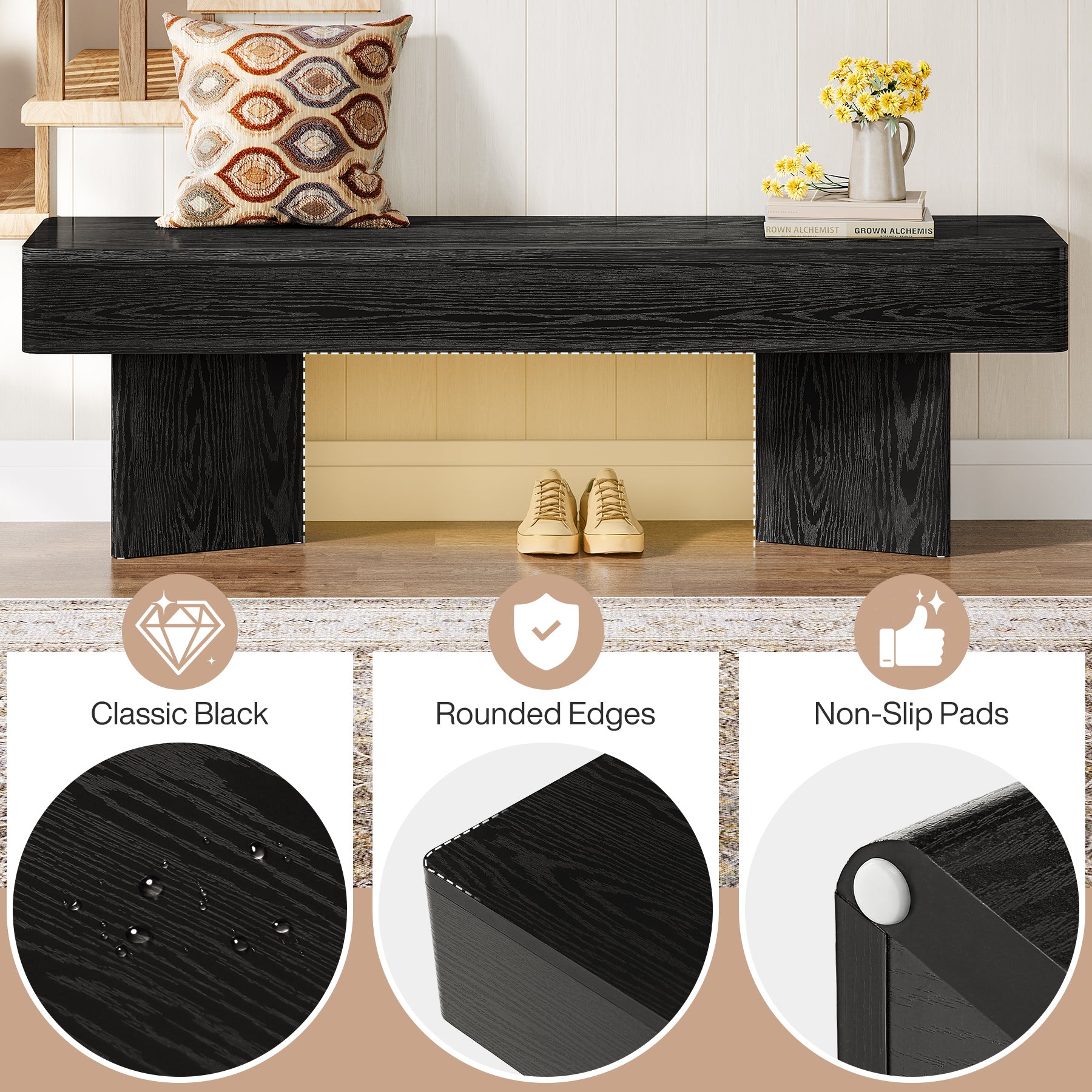Tribesigns Sitzbank Schwarz 120 cm, Moderne Flurbank für Eingangsbereich, Schlafzimmer & Esszimmer