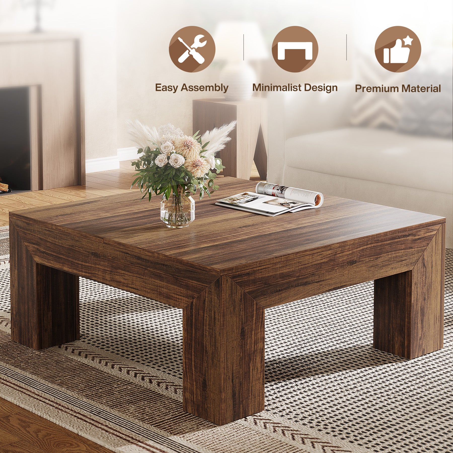 100 cm Quadratischer Couchtisch, Wohnzimmertisch aus Holz mit robusten Beinen für Sofa & Schlafzimmer