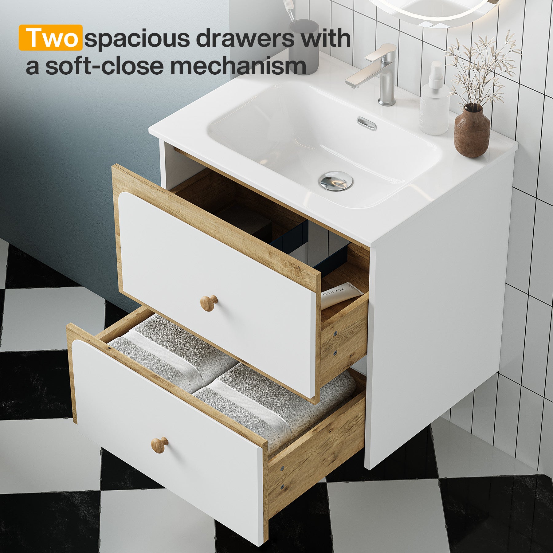 Tribesigns Hängender Waschtisch mit Keramikbecken, Moderner Badschrank wandmontiert mit Soft-Close-Tür