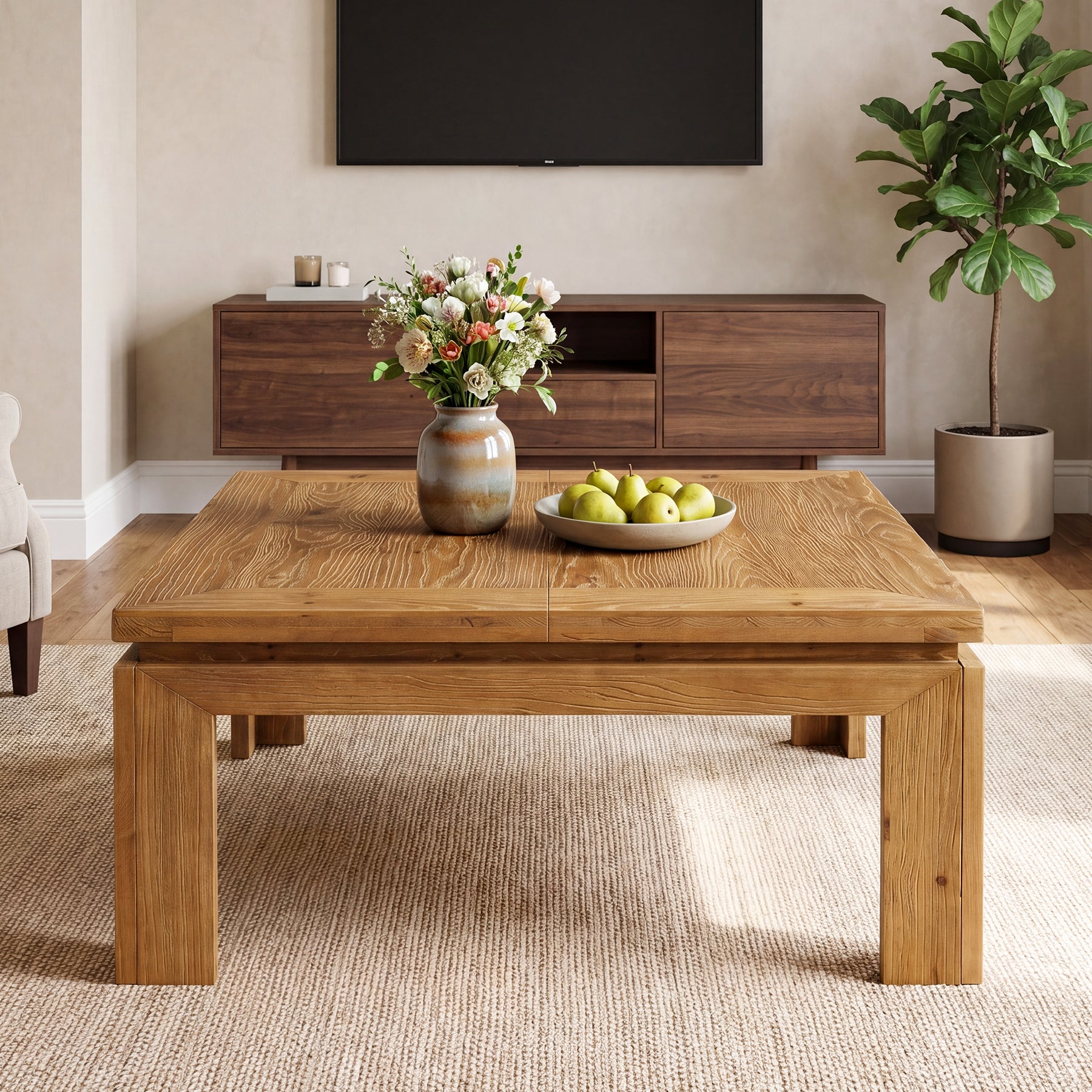 Tribesigns 100 cm quadratischer Couchtisch aus Massivholz, großer Wohnzimmertisch mit eingelassenem Randdesign