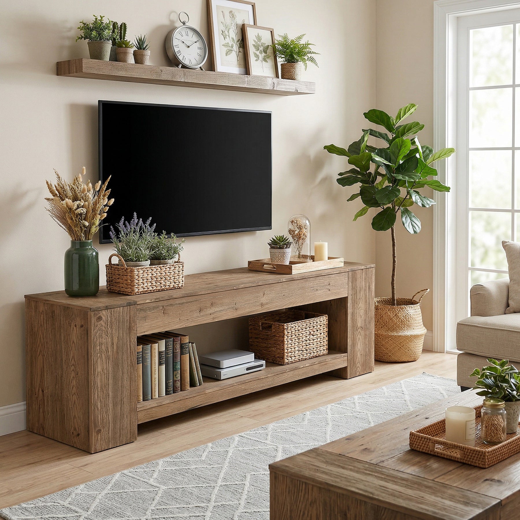 Tribesigns Massivholz TV-Lowboard 160 cm für Fernseher bis 75 Zoll, Landhaus TV-Schrank mit offener Ablage