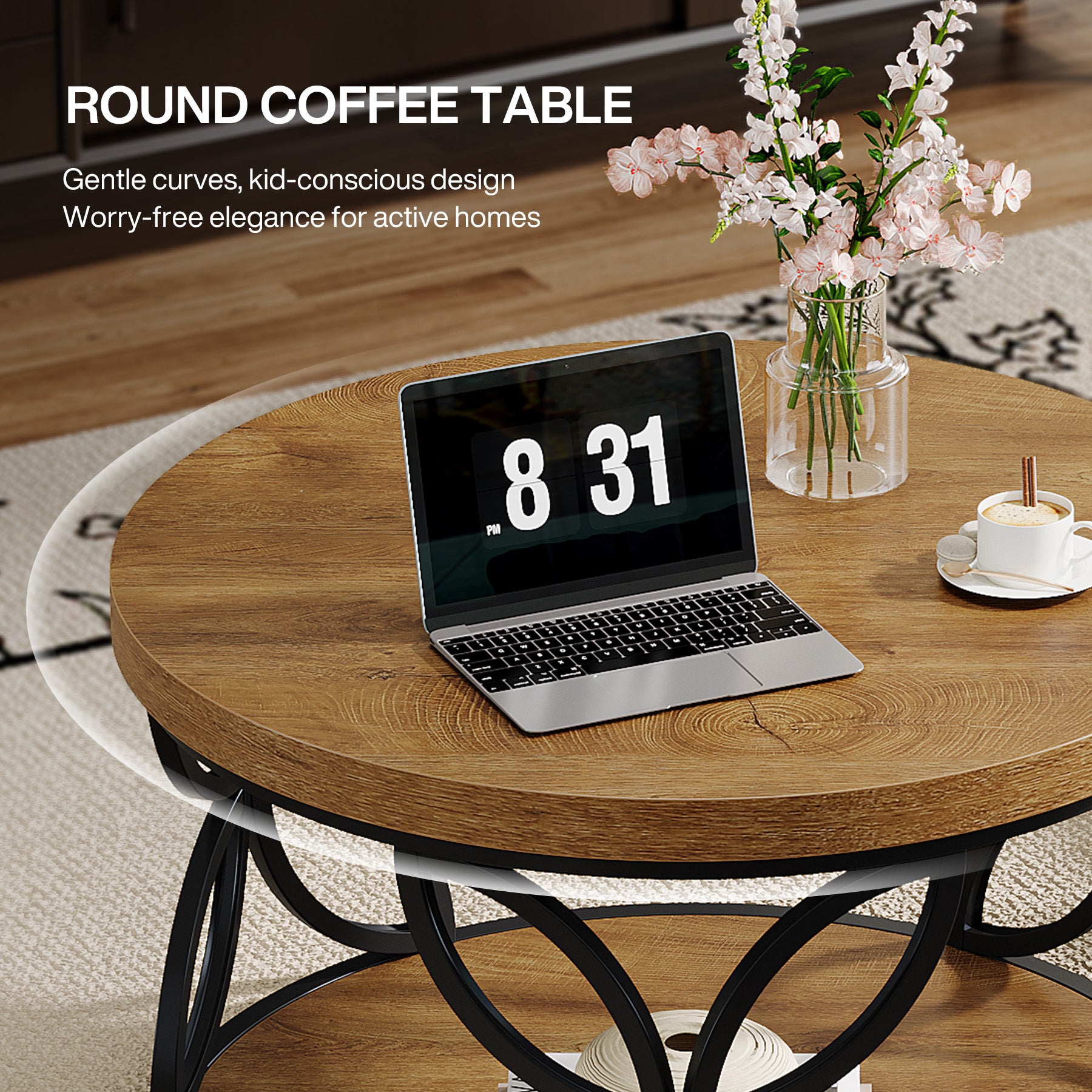 Runder 80 cm Couchtisch mit Stauraum, 2-Ebenen Wohnzimmertisch in Rustikaler Holzoptik und schwarzem Metall