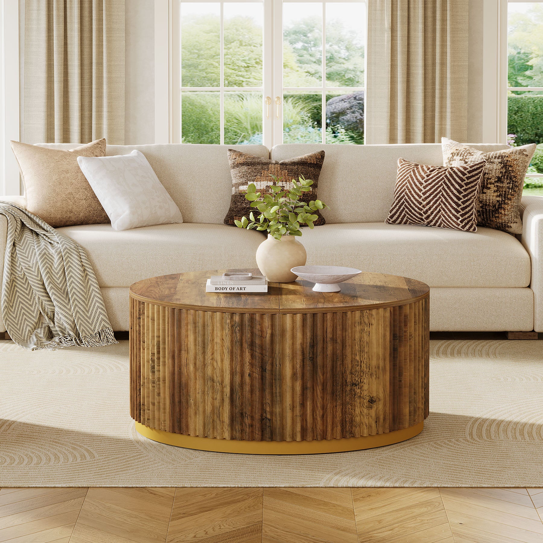 Runder Couchtisch 80 cm mit geriffeltem Design, Wohnzimmertisch mit stabiler Trommelbasis