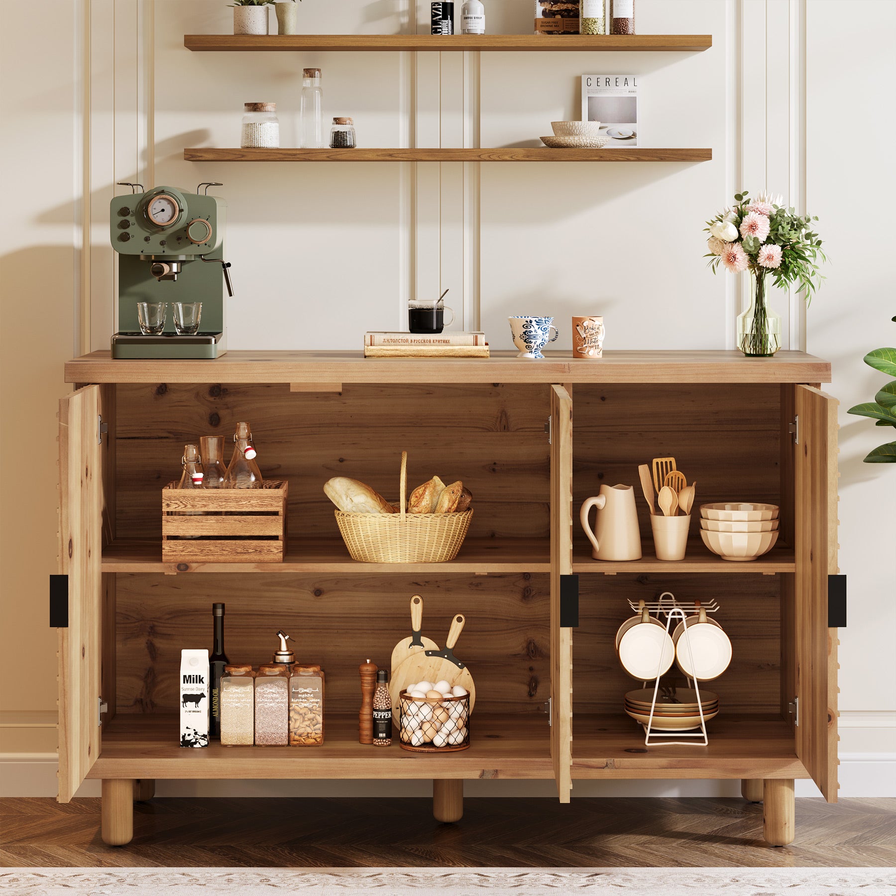 Tribesigns Massivholz Sideboard mit Stauraum, Buffetschrank im Landhausstil mit 3 Türen & 2 verstellbaren Einlegeböden