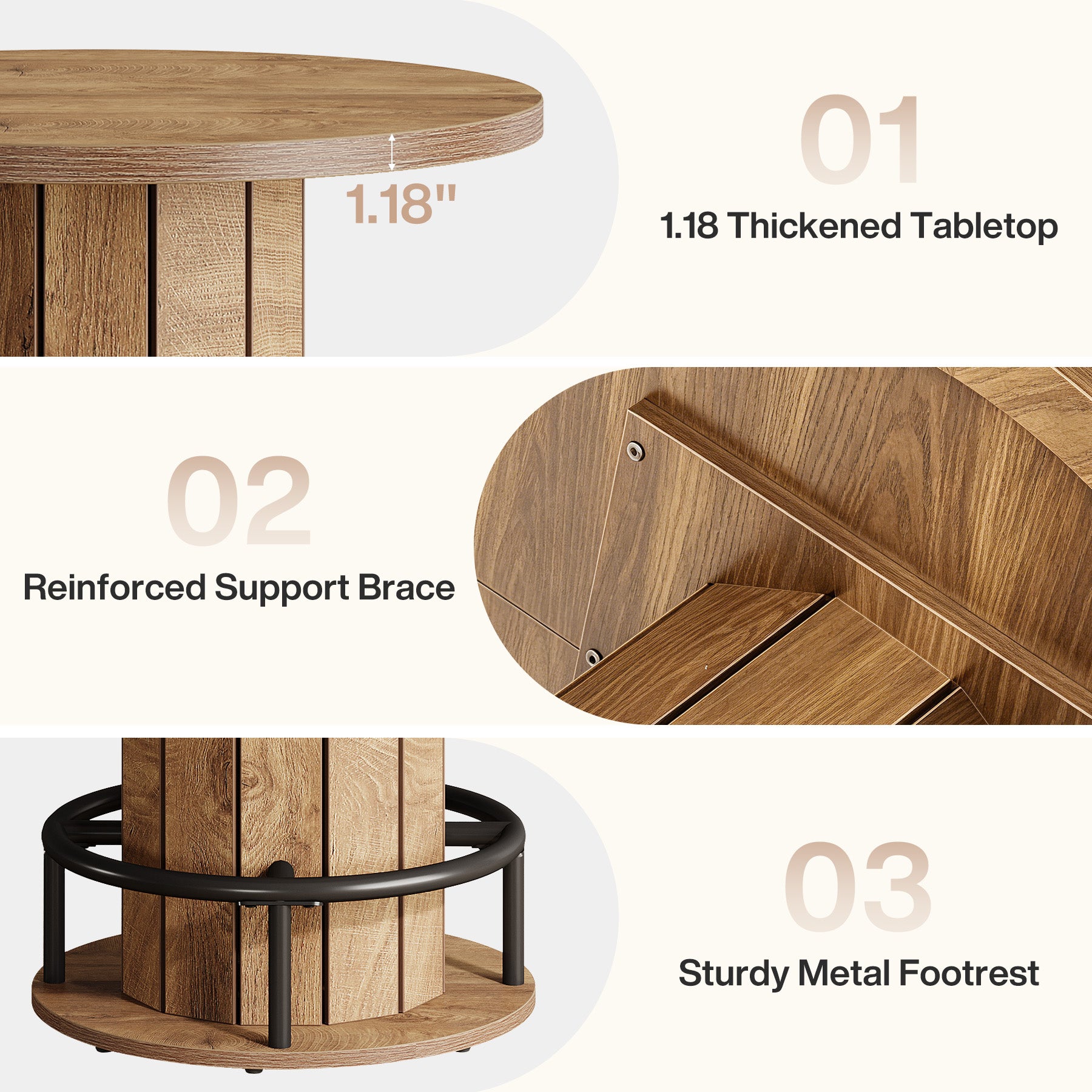 80 cm Runder Esstisch mit Holzstreifen-Basis - Kleiner Kreistisch mit Fußstütze in Braun für Küche & Minibar