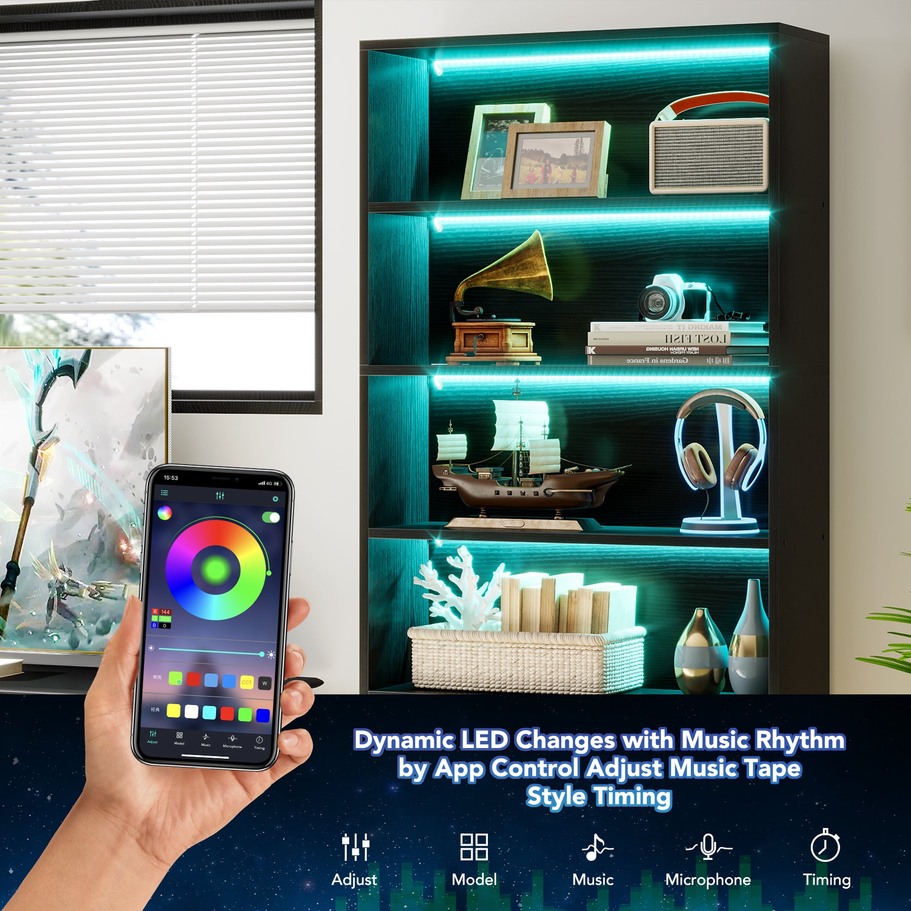 Tribesigns Bücherregal mit LED Beleuchtung, 180 cm Hohes Schwarzes Standregal mit 5 Ebenen