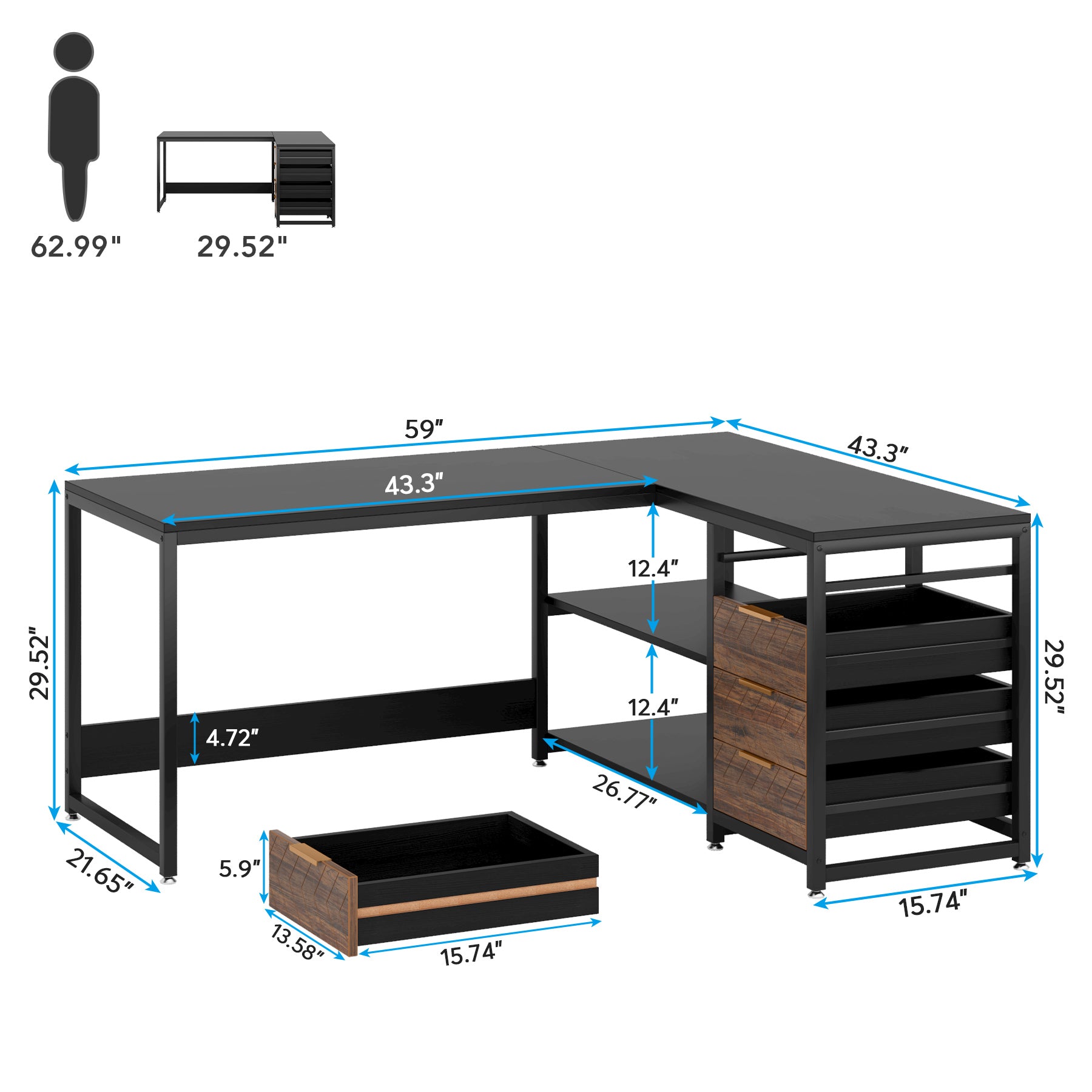 150 cm L-förmiger Schreibtisch, umkehrbarer Eckschreibtisch mit Schubladen und Regalen