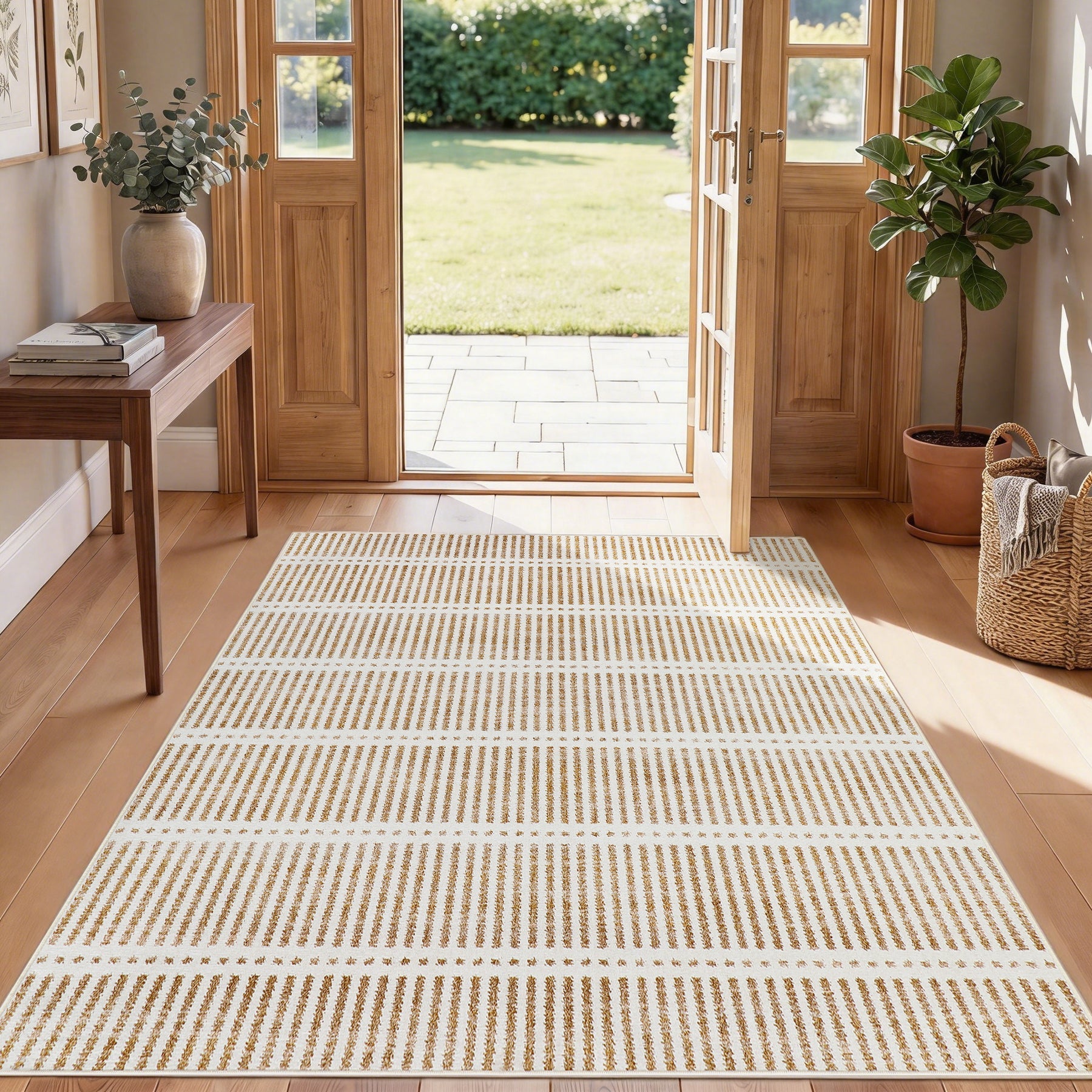 Tribesigns Waschbarer Kurzflorteppich, 160 x 230 cm & 200 x 300 cm – ultradünn, gestreiftes Design im Landhausstil