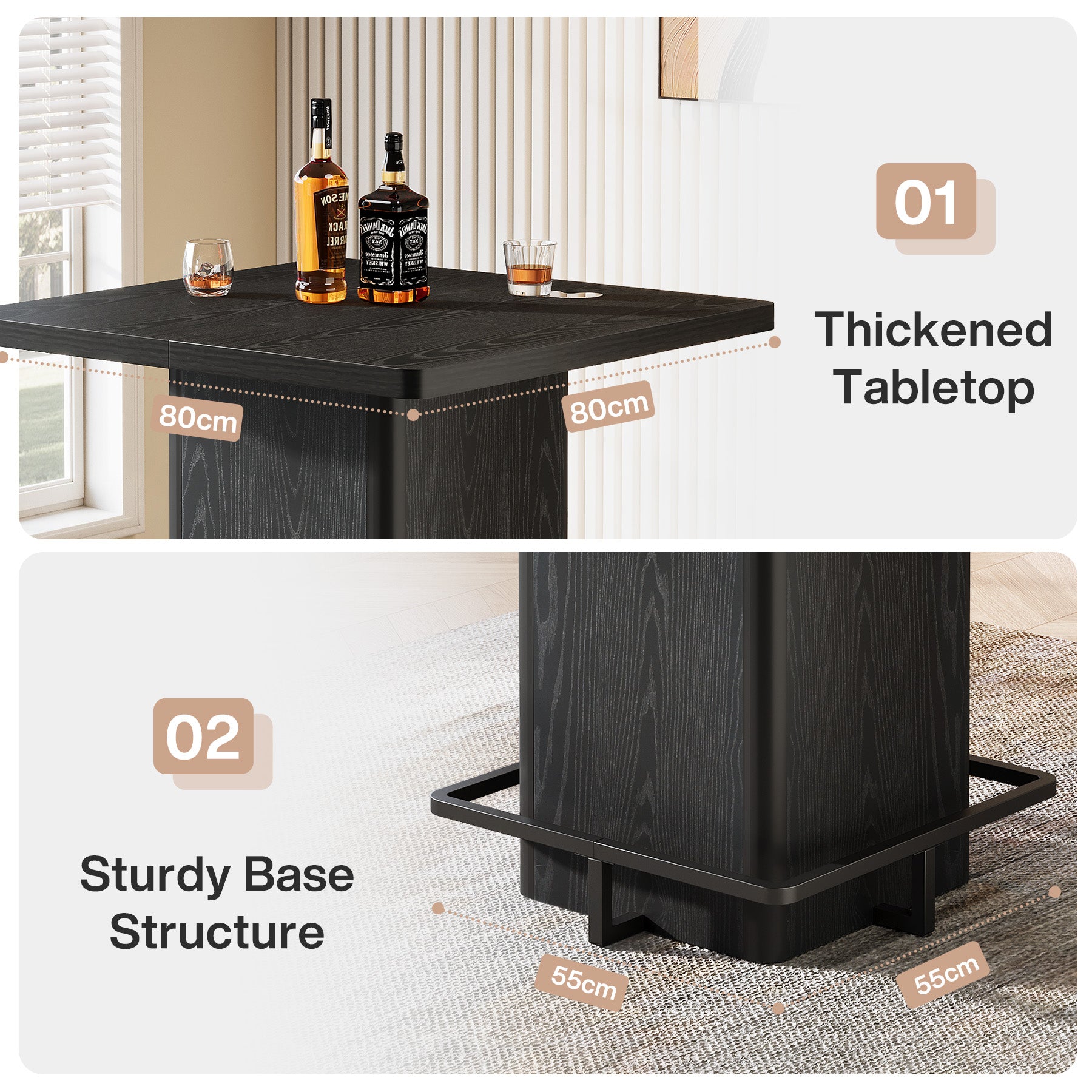 Tribesigns Quadratischer Bartisch 100 cm hoch, Stehtisch 80×80 cm mit Fußablage, moderner Bistrotisch in Holzoptik