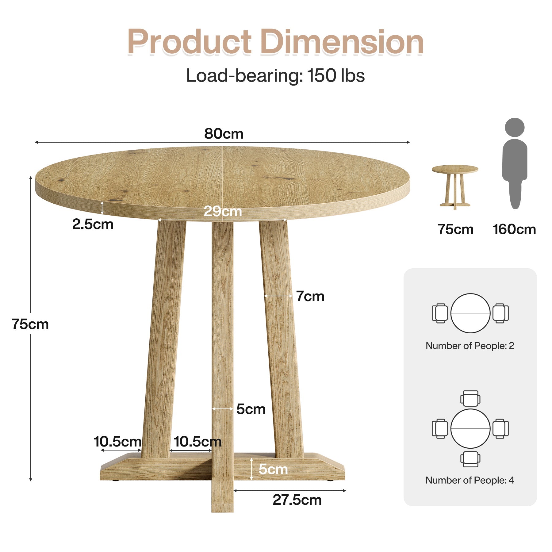 80 cm Runder Farmhouse-Esstisch für 2-4 Personen - Mit stabiler Basis für Wohnung & Kleine Restaurants