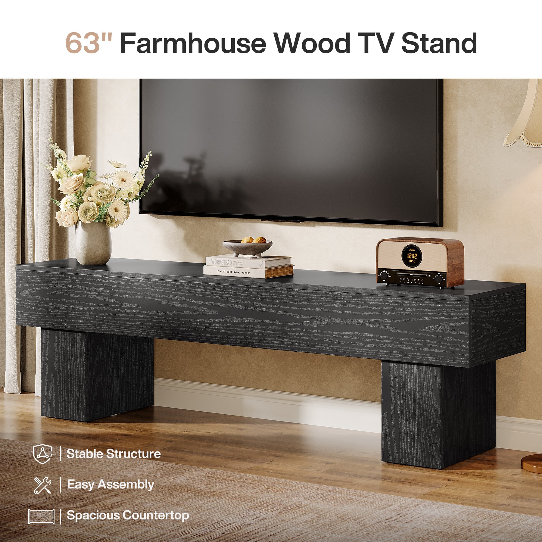 TV-Schrank 160 cm, niedriger Fernsehschrank für Wohnzimmer, passend für 140–165 cm TVs