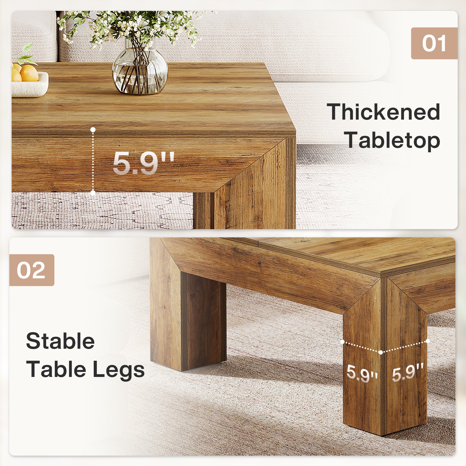 100 cm Quadratischer Couchtisch, Wohnzimmertisch aus Holz mit robusten Beinen für Sofa & Schlafzimmer