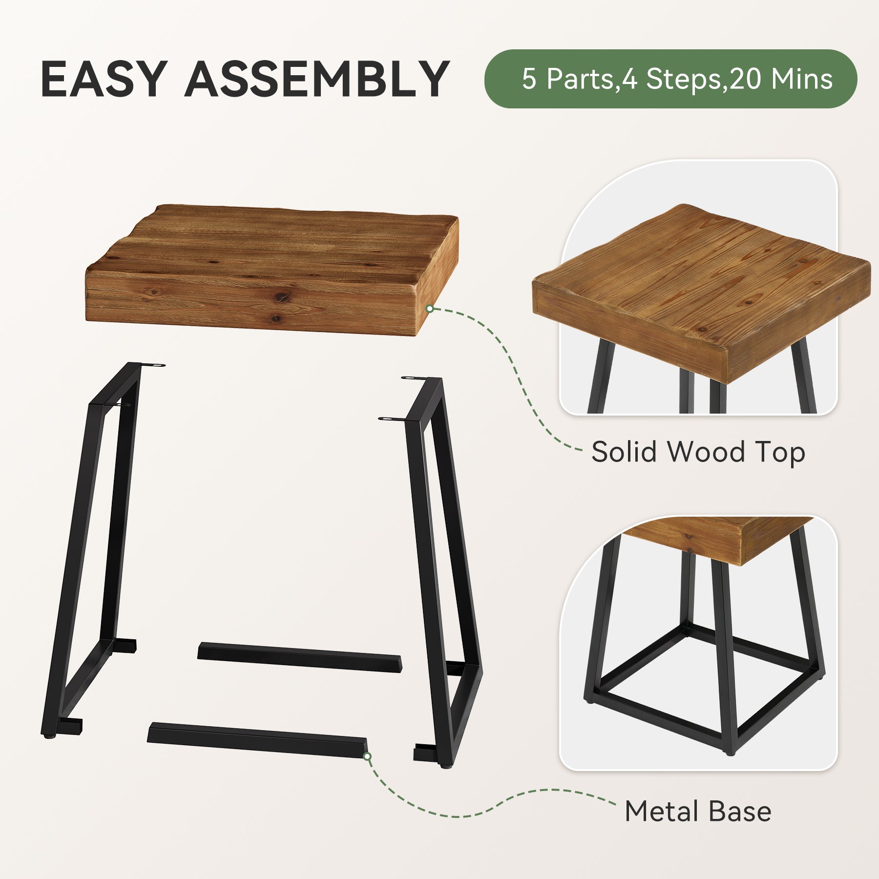 Tribesigns Beistelltisch aus Massivholz 50 cm, Quadratischer Nachttisch mit Metallgestell