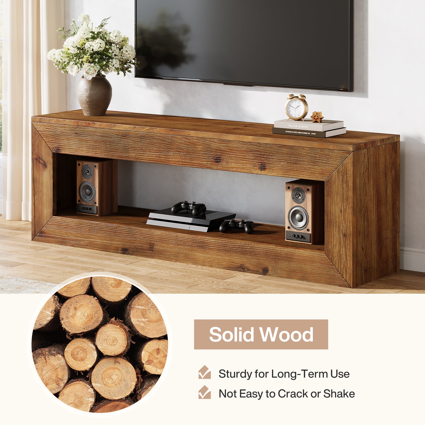 Tribesigns TV-Lowboard aus Massivholz 120 cm, TV-Schrank mit Offenem Stauraum für 32–55 Zoll Fernseher