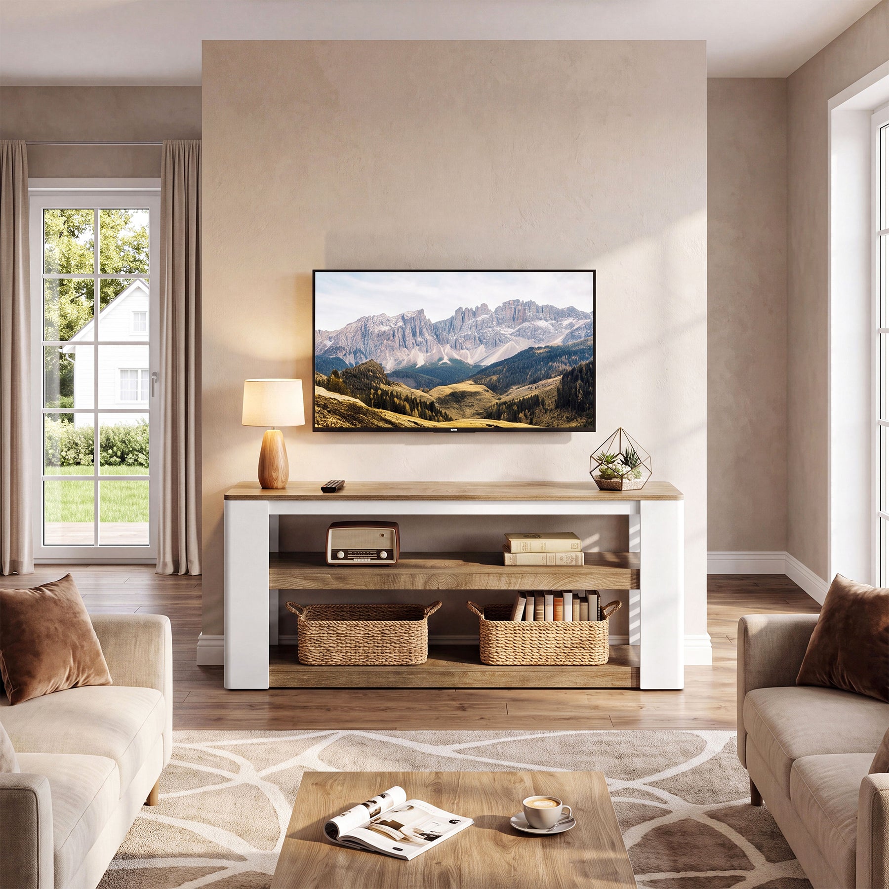 160 cm TV-Lowboard für Fernseher bis 75 Zoll, 3-stufiges TV-Möbel mit Stauraum und Lamellen-Seiten