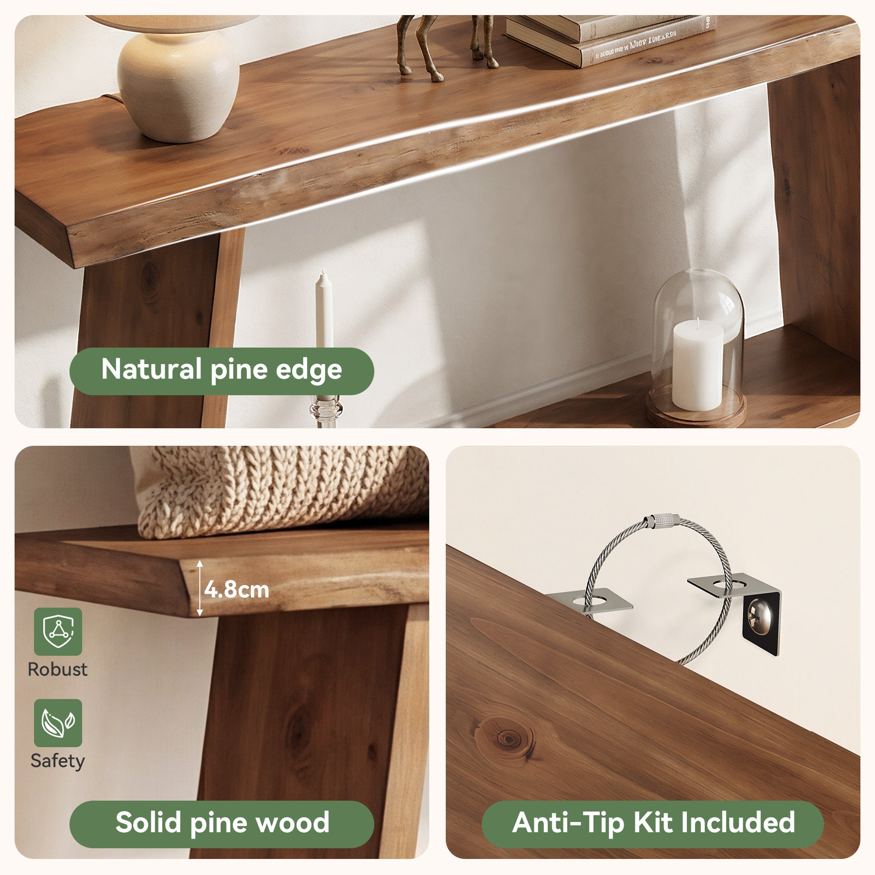 Tribesigns Massivholz Konsolentisch, 160 cm schmaler Flurtisch im Landhausstil mit 2 Ablagen