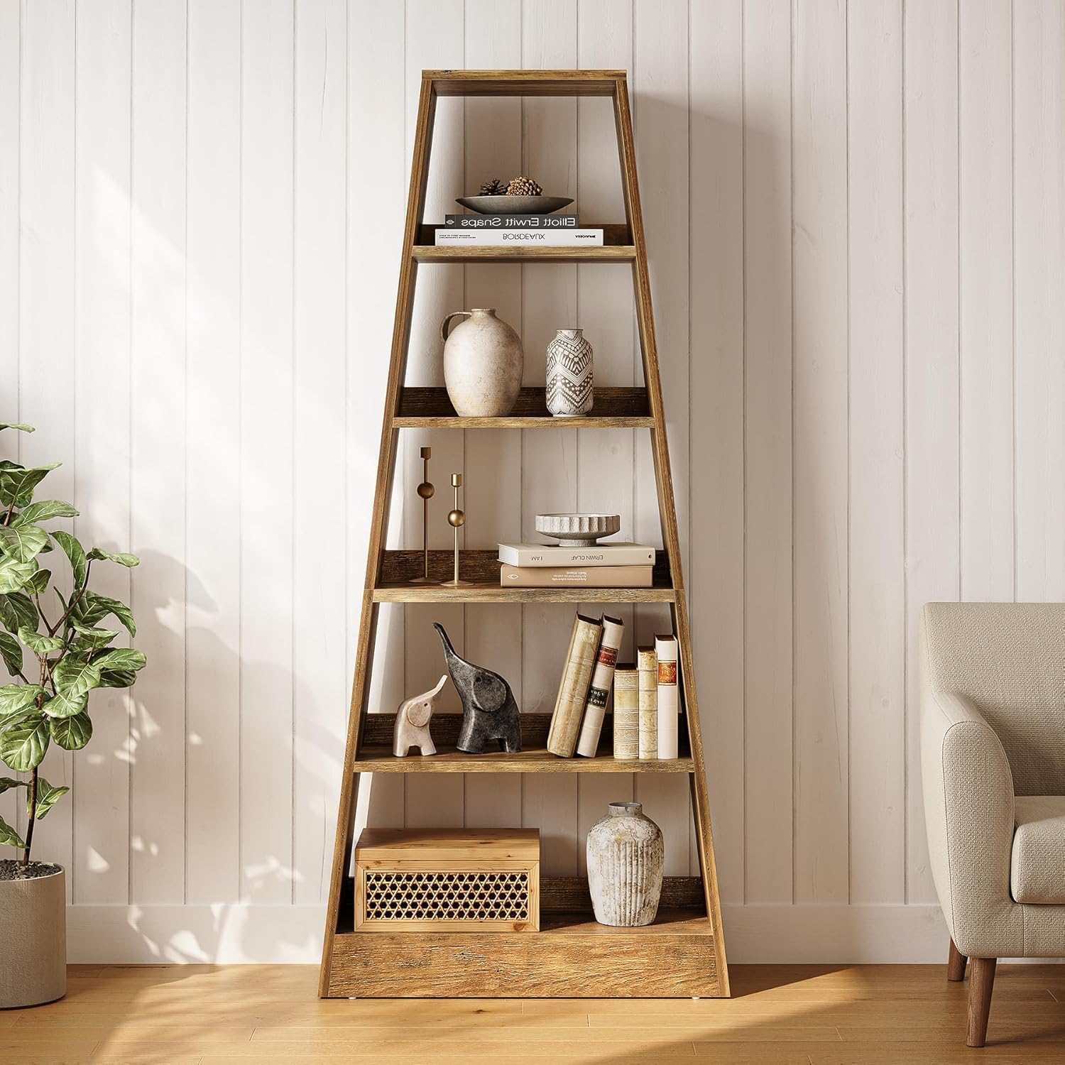 80 cm Bücherregal - 6-stufiges Leiterregal in für Wohnzimmer und Büro