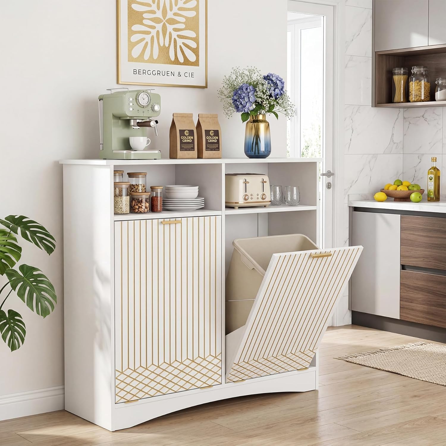 Tribesigns Mülltrennschrank mit Auszugssystem, moderner Küchen-Müllschrank 2-fach für Einbau-Mülleimer