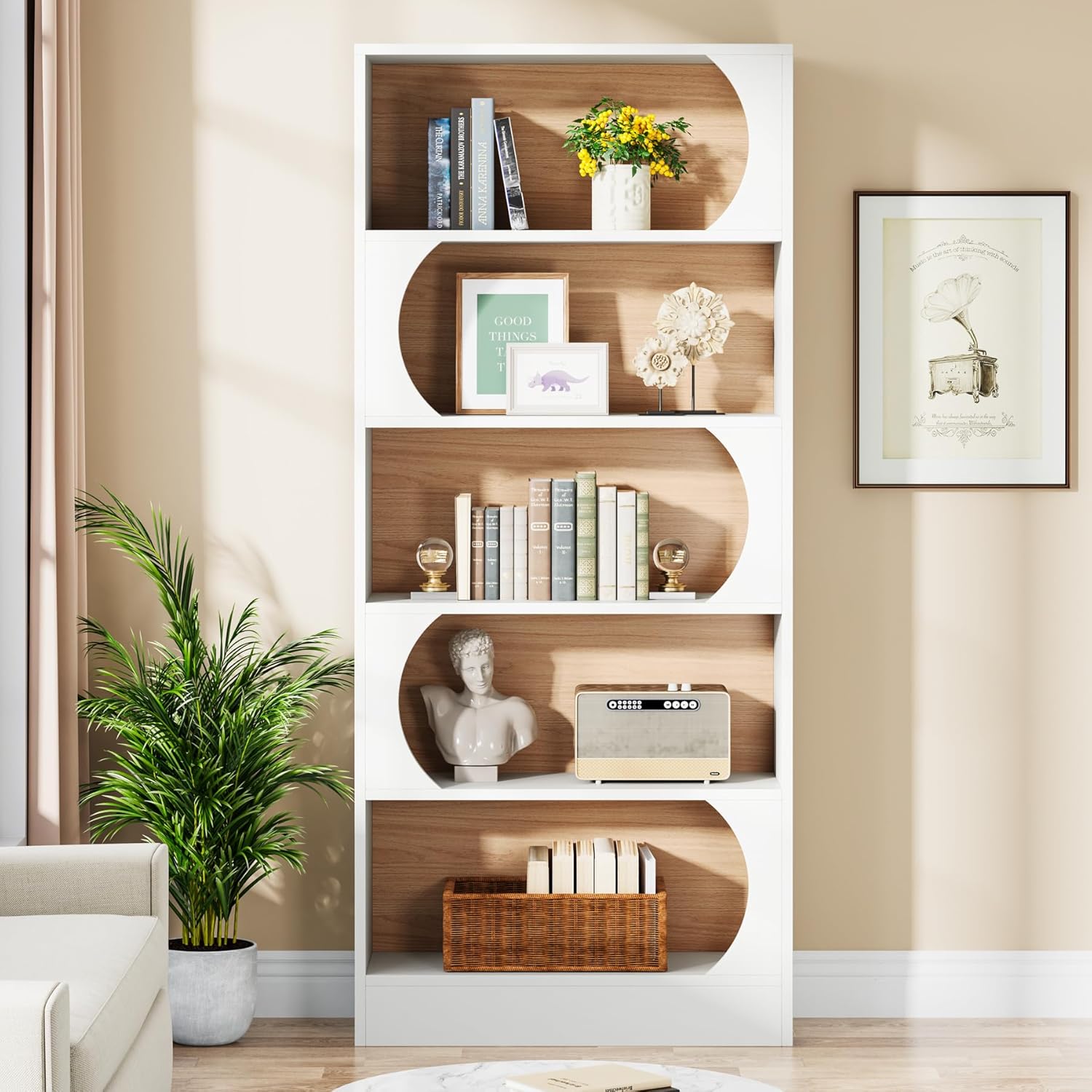 Modernes 5-stöckiges Bücherregal, 180 cm Höhe, freistehendes Design