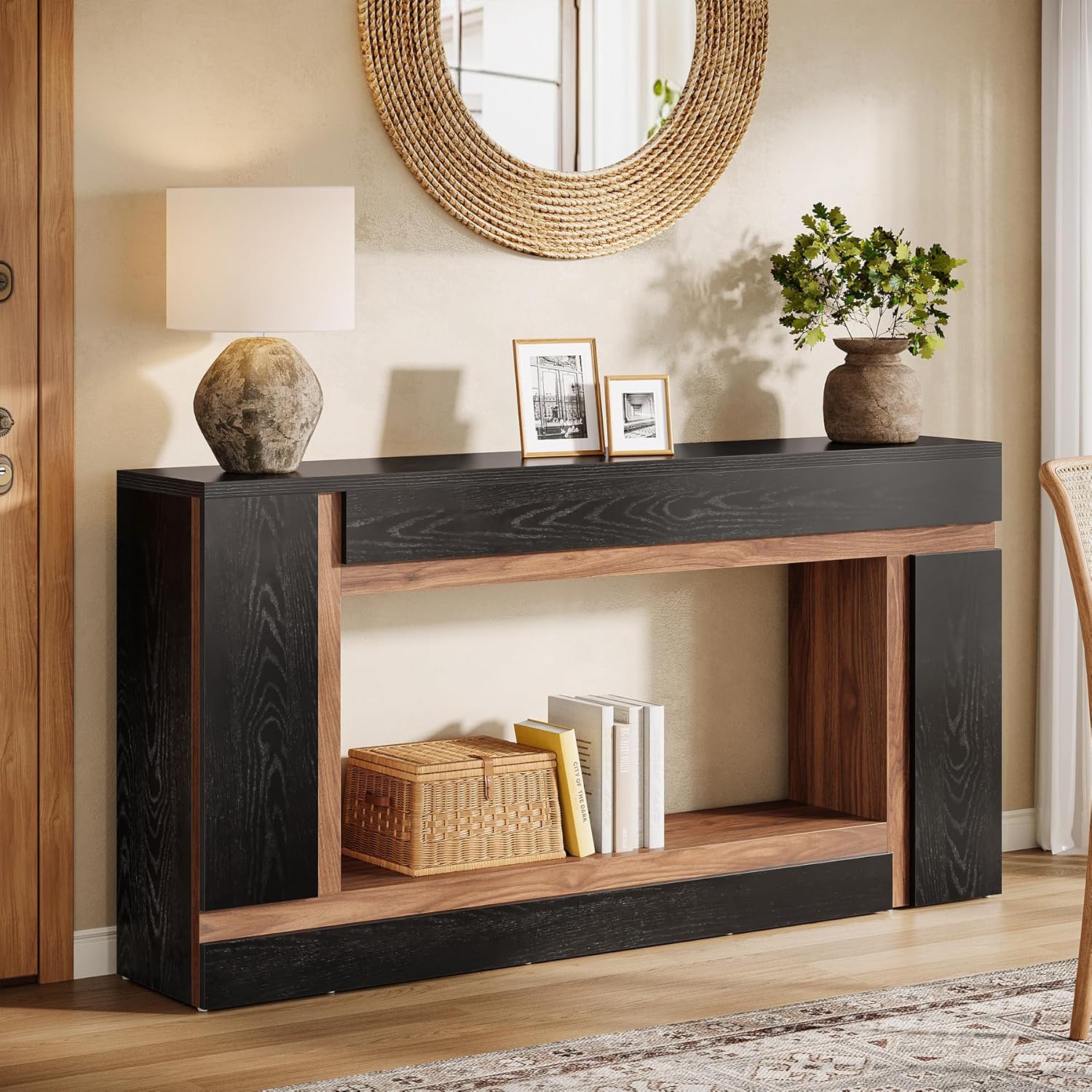 160 cm langer schwarz-brauner Konsolentisch, Geometrischer Kontrolltisch im modernen Design