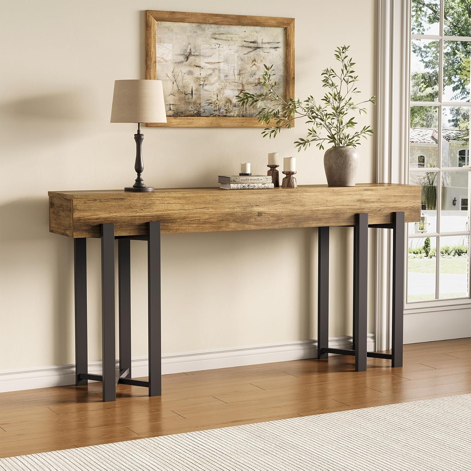 Robuster Landhaus Konsolentisch, 160 cm schmal mit Metallgestell für Flur und Home-Office