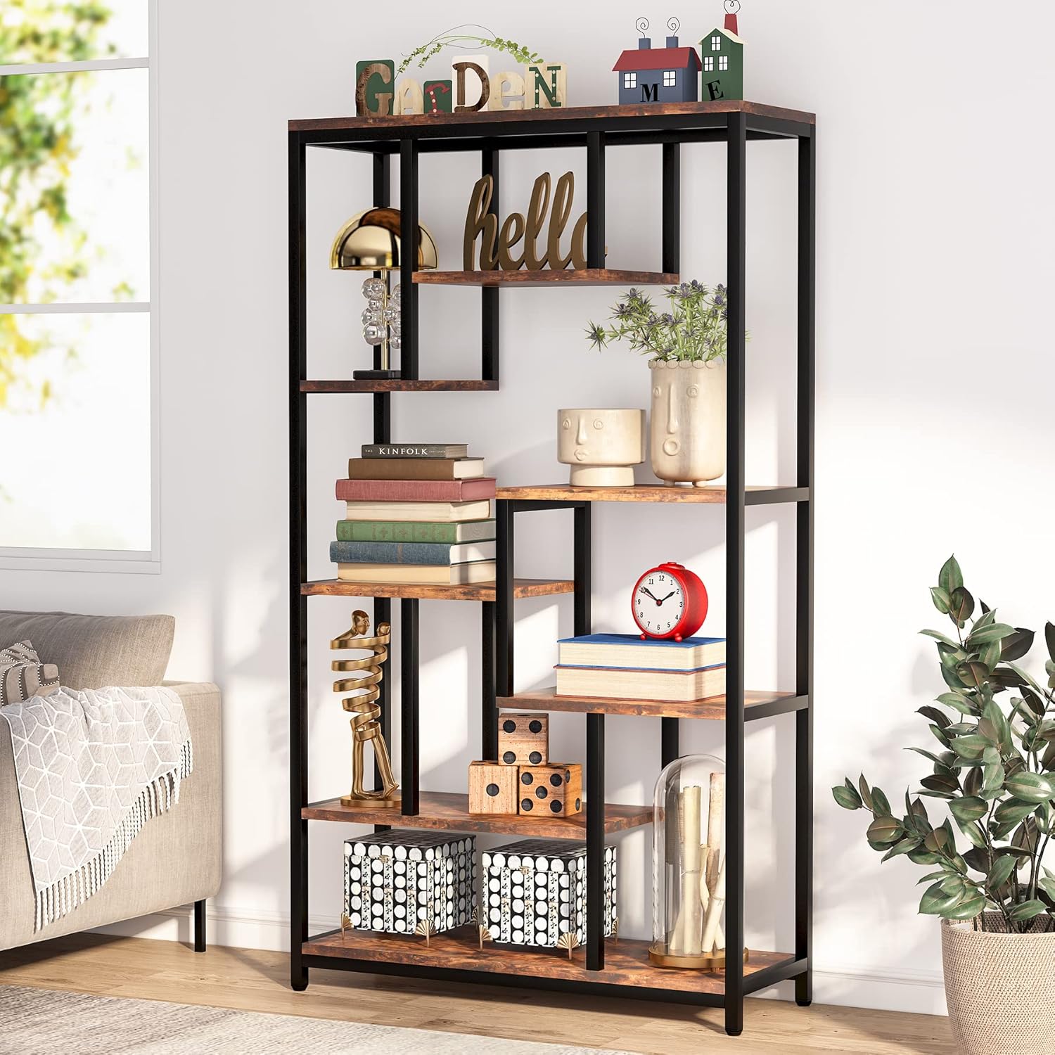 Bücherregal, große offene Regale mit 8 Holz-Effekt-Akzentböden