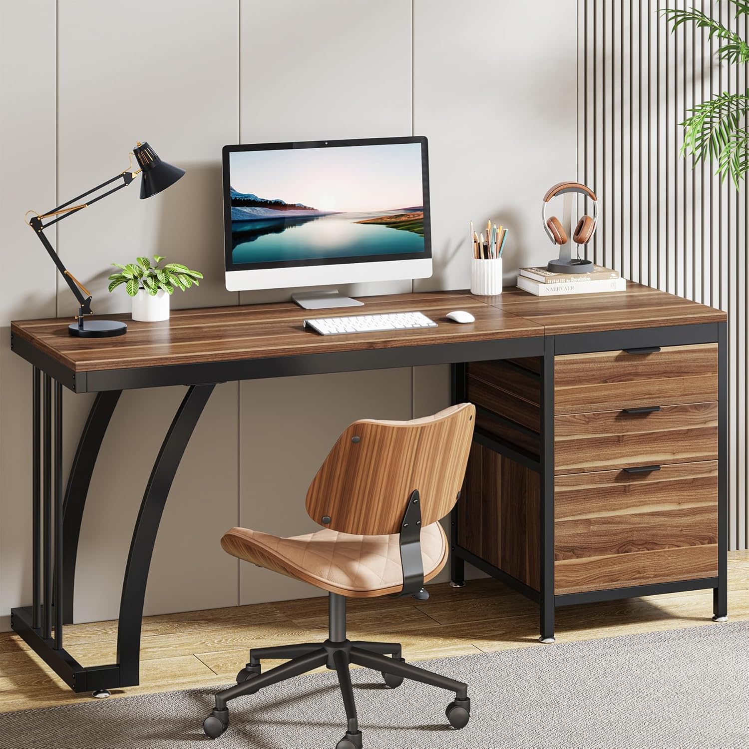 Industrieller Computertisch, 150 CM Schreibtisch mit umkehrbarem Schubladenschrank